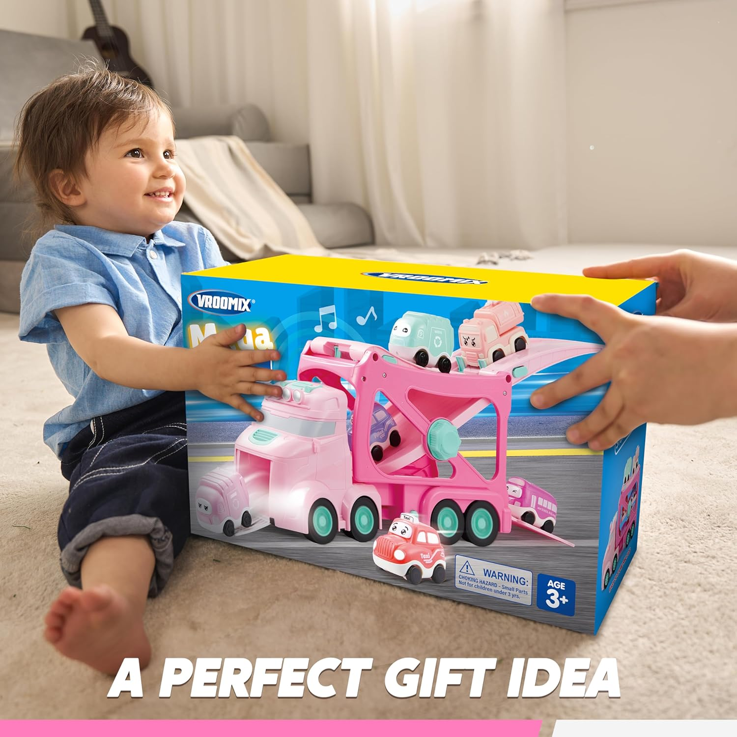 VROOMIX 3-Layer Extra Large Princess Pink Truck Toys for Girls, 7-In-1 Big Transport Vehicle Carrier Truck with Directional Tracks, Siren & Lights, 6 Cars, Chrismas Birthday Gifts for 3+ Years Old image number 3