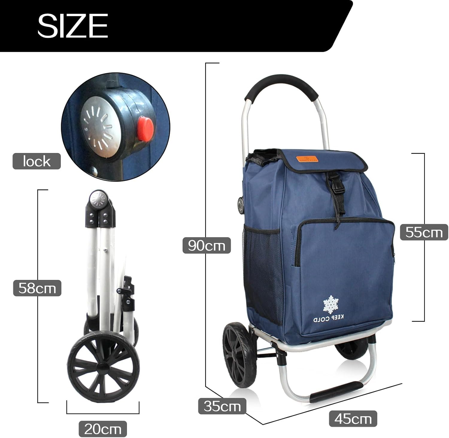 Foldable Shopping Trolley Cart with Wheels Alumimium Shopping Cart for Groceries with Removable Bag Lightweight Utility Cart (Blue) - Blue image number 3