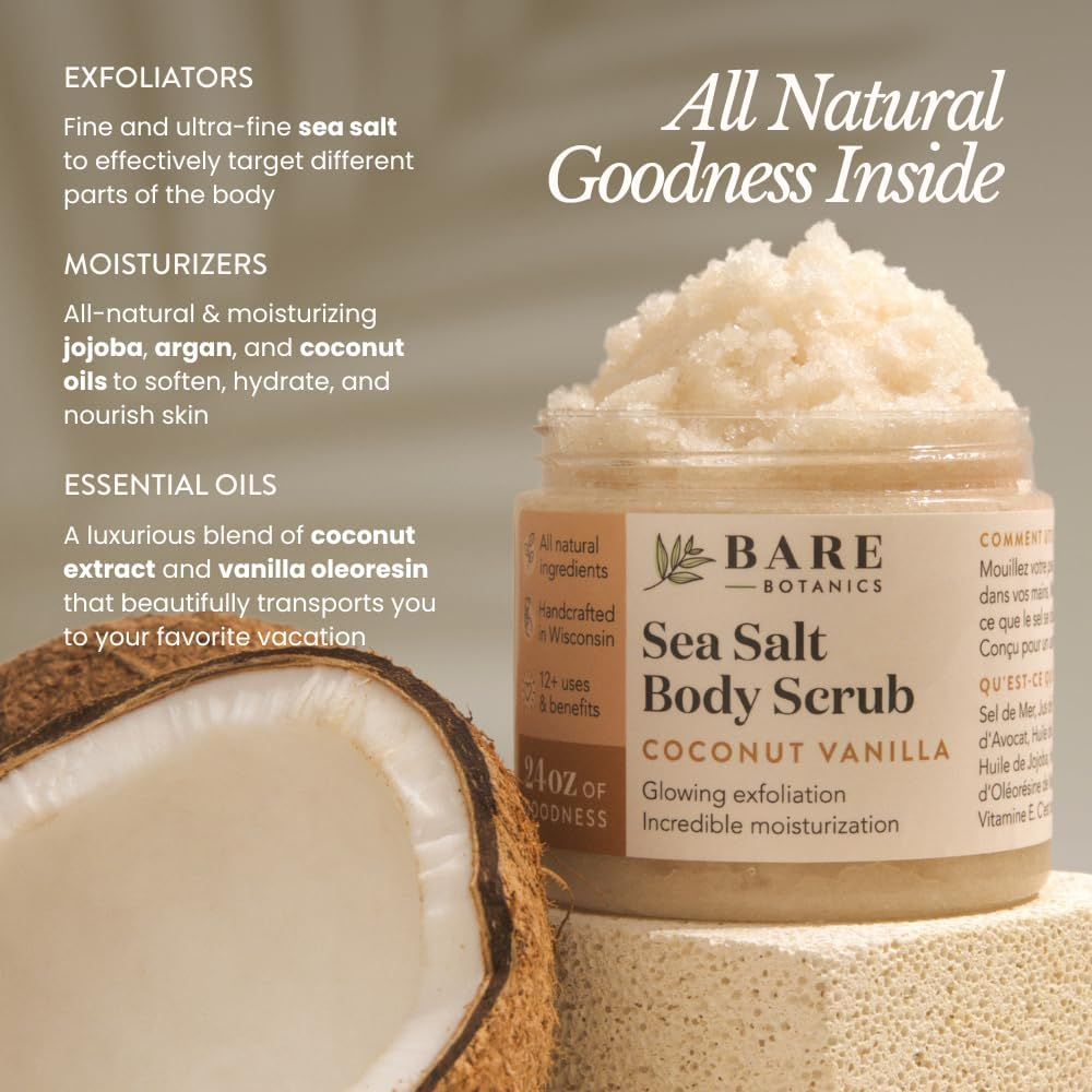 (Coconut Vanilla) - Bare Botanics Coconut Vanilla Dead Sea Salt Body Scrub, Large 470Ml, Wet Skin Moisturiser & Skin Exfoliator, Organic and All Natural Booty, Hand, and Foot Scrub for Dead Skin image number 2