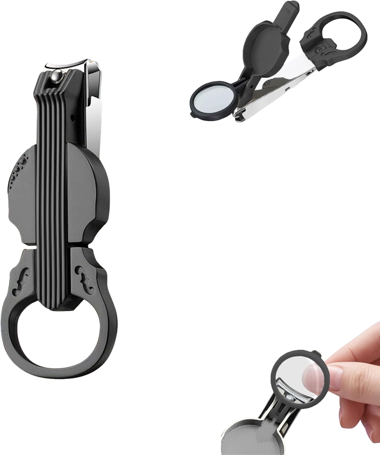 Nail Clippers with Magnifying Glass for Senior, Sharp Heavy Duty Steel Blade, Detachable Magnifier Loupe Set (Black)