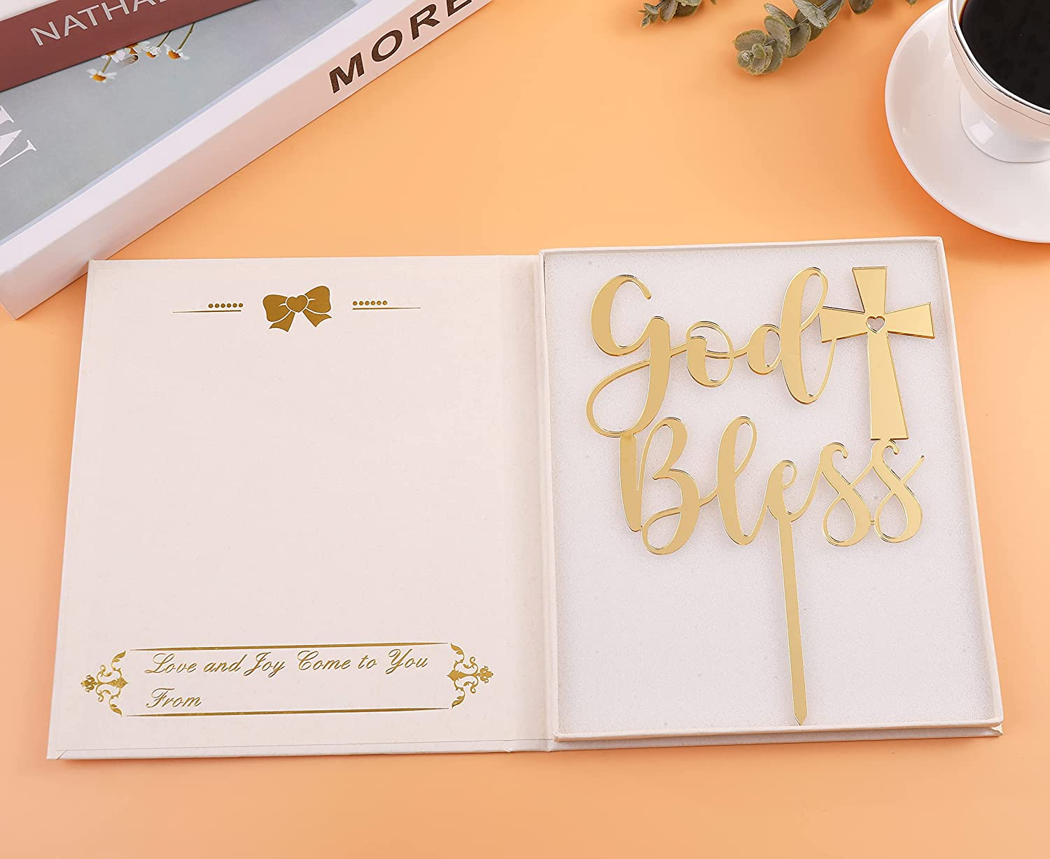 LOVENJOY Gift Boxed God Bless Cake Topper Gold Acrylic Mirror for Batism, First Communion, Confirmation or Christening