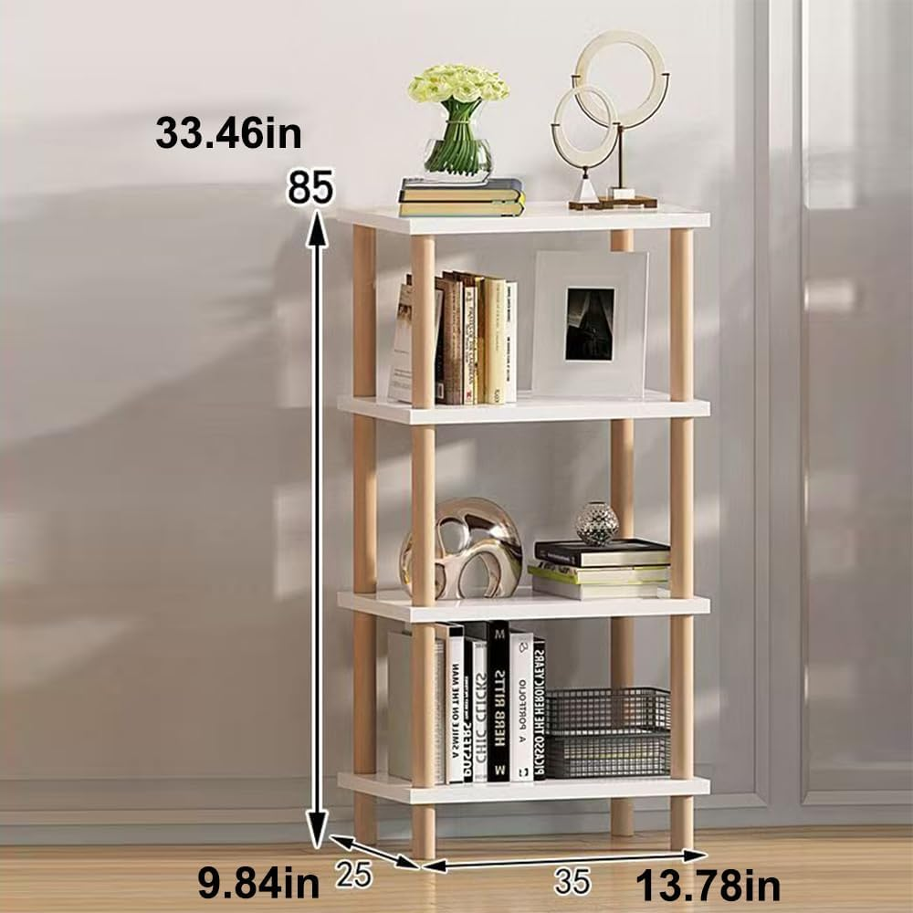 Hbluefat 4-Tier Solid Wood Shelf Bookcase, Modern Open Narrow Bookshelf, Free Standing Storage Rack, Multifunctional Display Stand for Home Office (White)