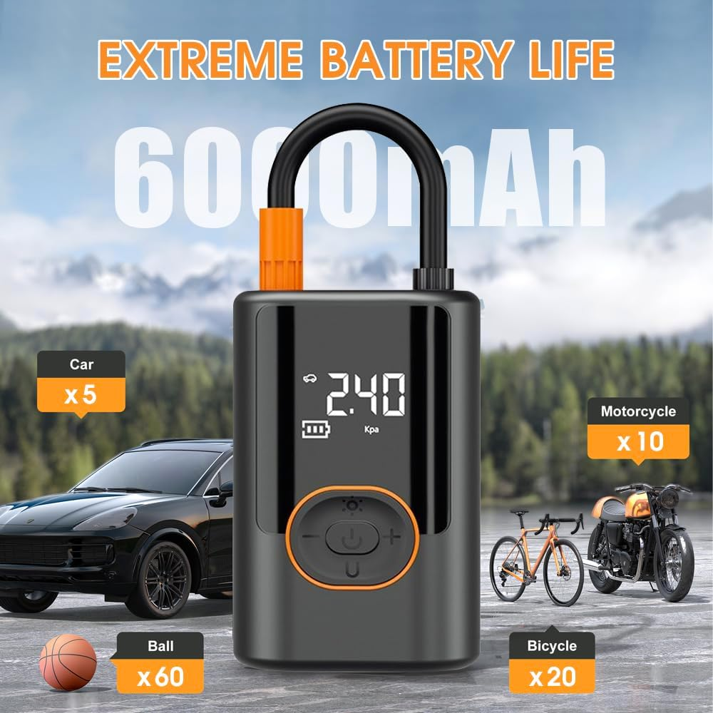 Tire Inflator Portable Air Compressor, 150PSI Cordless Air Pump for Car Tires, 3X Faster Inflate Electric Tire Pumps with Tire Pressure Gauge for Car Bikes Motorcycle Balls, Dual-Use Type image number 3