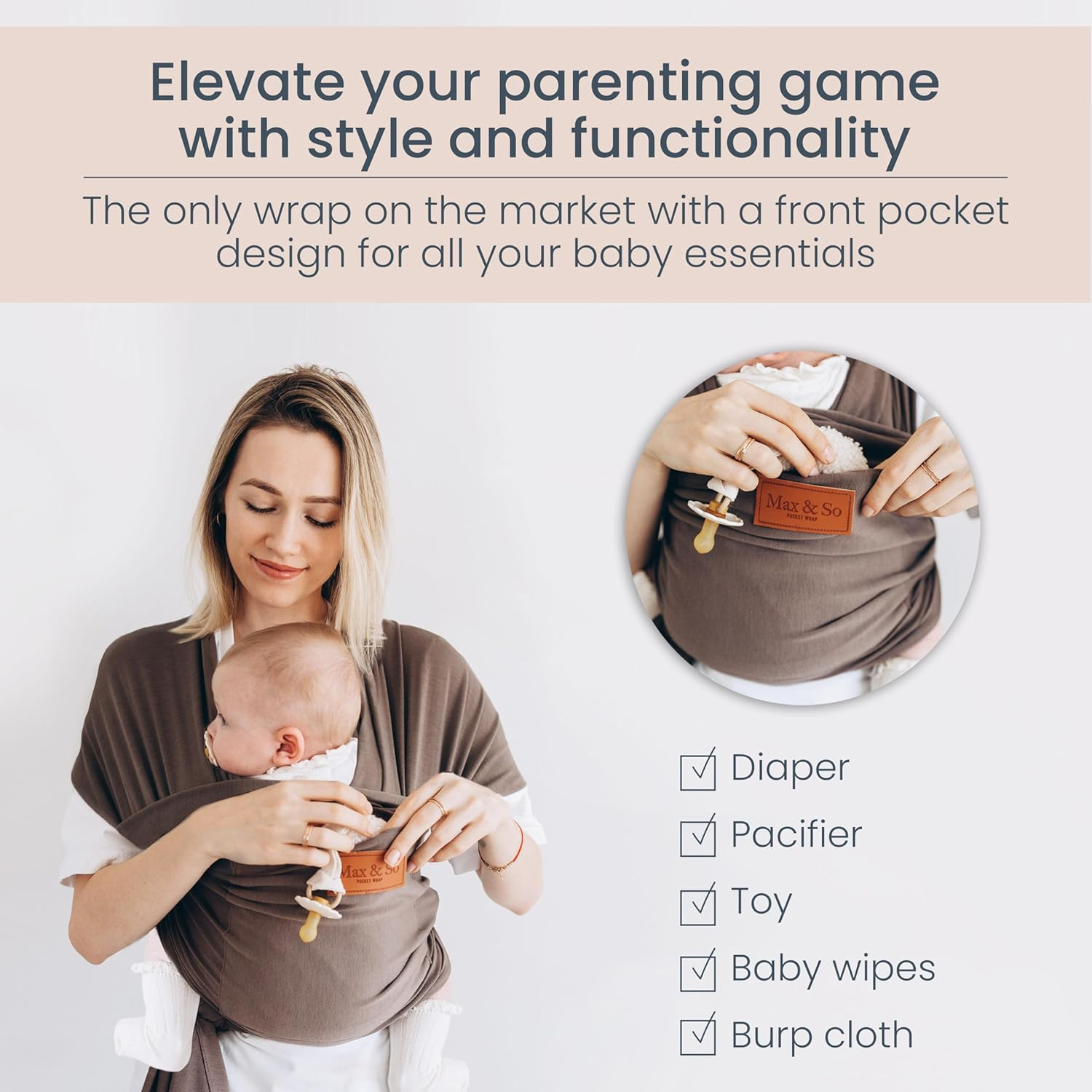 Baby Wrap Carrier - Premium Cotton Baby Carrier Wrap for Newborn to Toddler- Infant Carrier for Babies 8-35 Lb - Baby Holder One Size Fits All with Front Pocket by Max&So image number 6