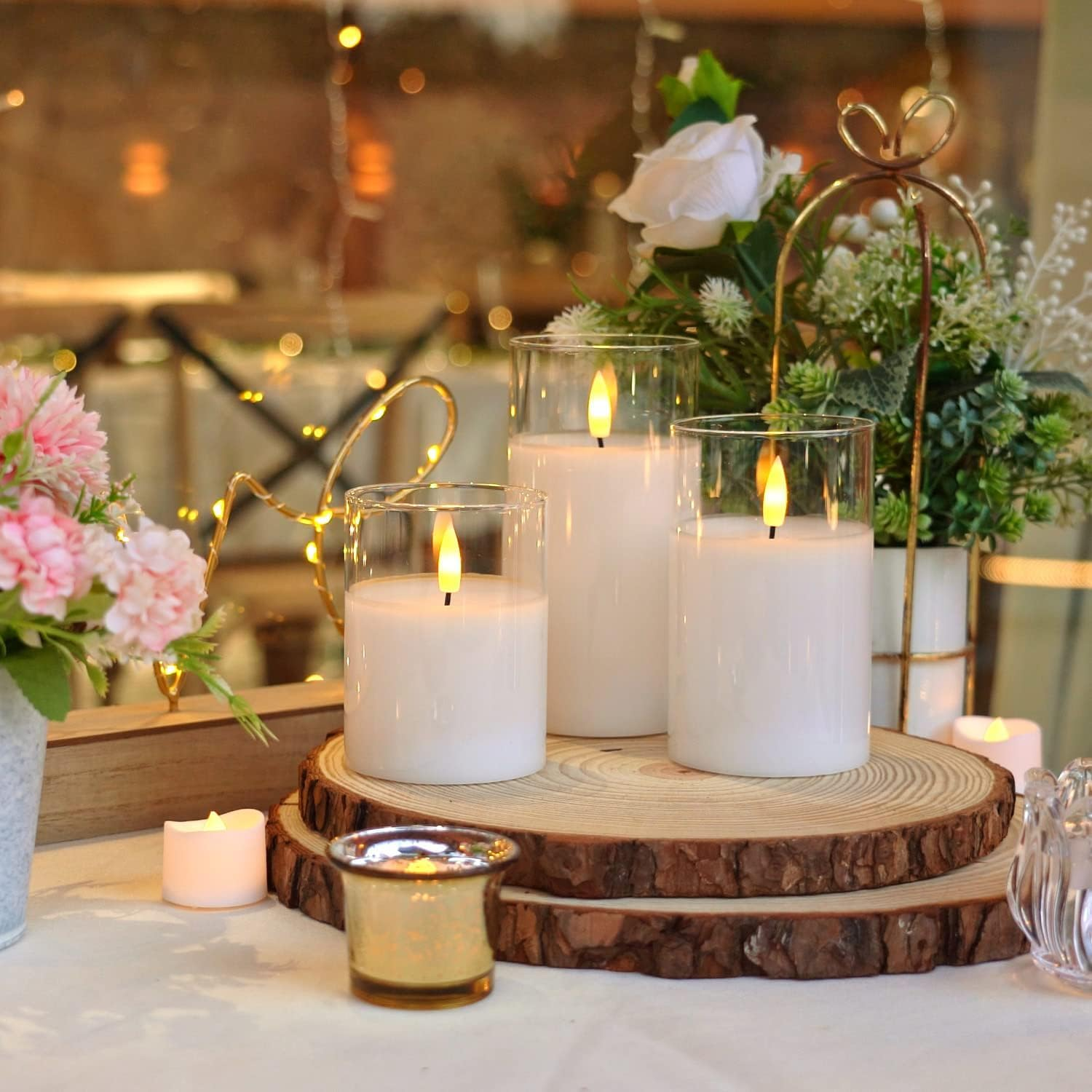 Clear Glass Flameless Candles Battery Operated with Timer, Remote Control, LED Pillar Candles Battery Powered, D3 H4 5" 6", Set of 3 (White) - Grey image number 5