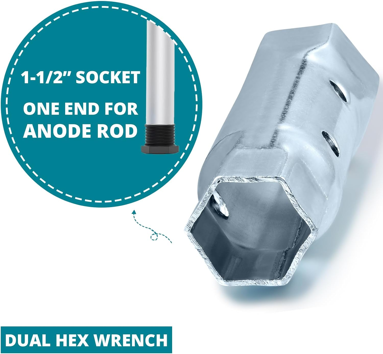 Dual Hex Wrench Removal Tool for Anode Rod and Water Heater Element, 1-1/16 in X 1-1/2 in X 6 In, Hex Socket for All Residential and RV Camper Travel Trailer Motorhome