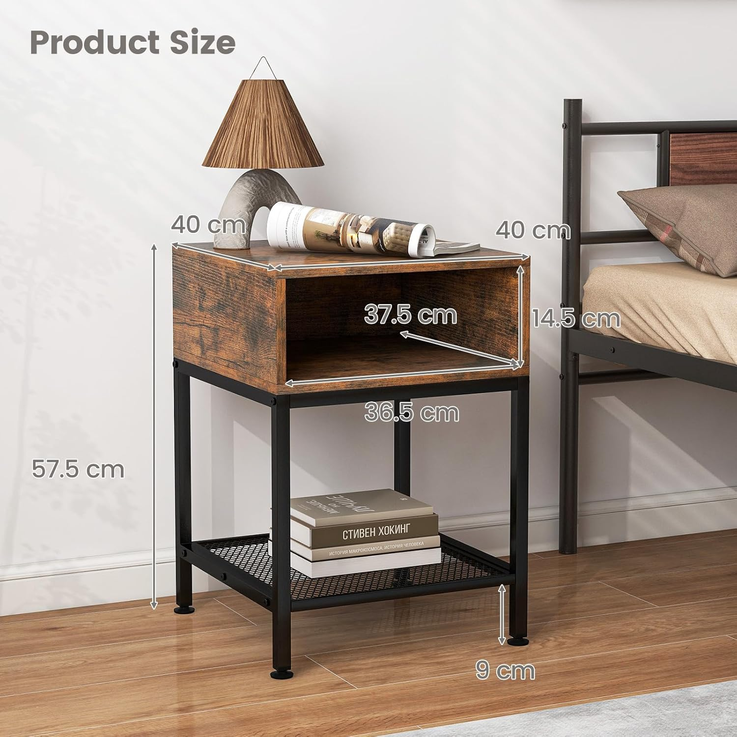 Costway End Table, 2-Tier Industrial Side Table with Mesh Storage Shelf, Stable Metal Frame, Adjustable Foot Pads, Nightstand Bedside Table for Living Room Bedroom Small Spaces image number 6
