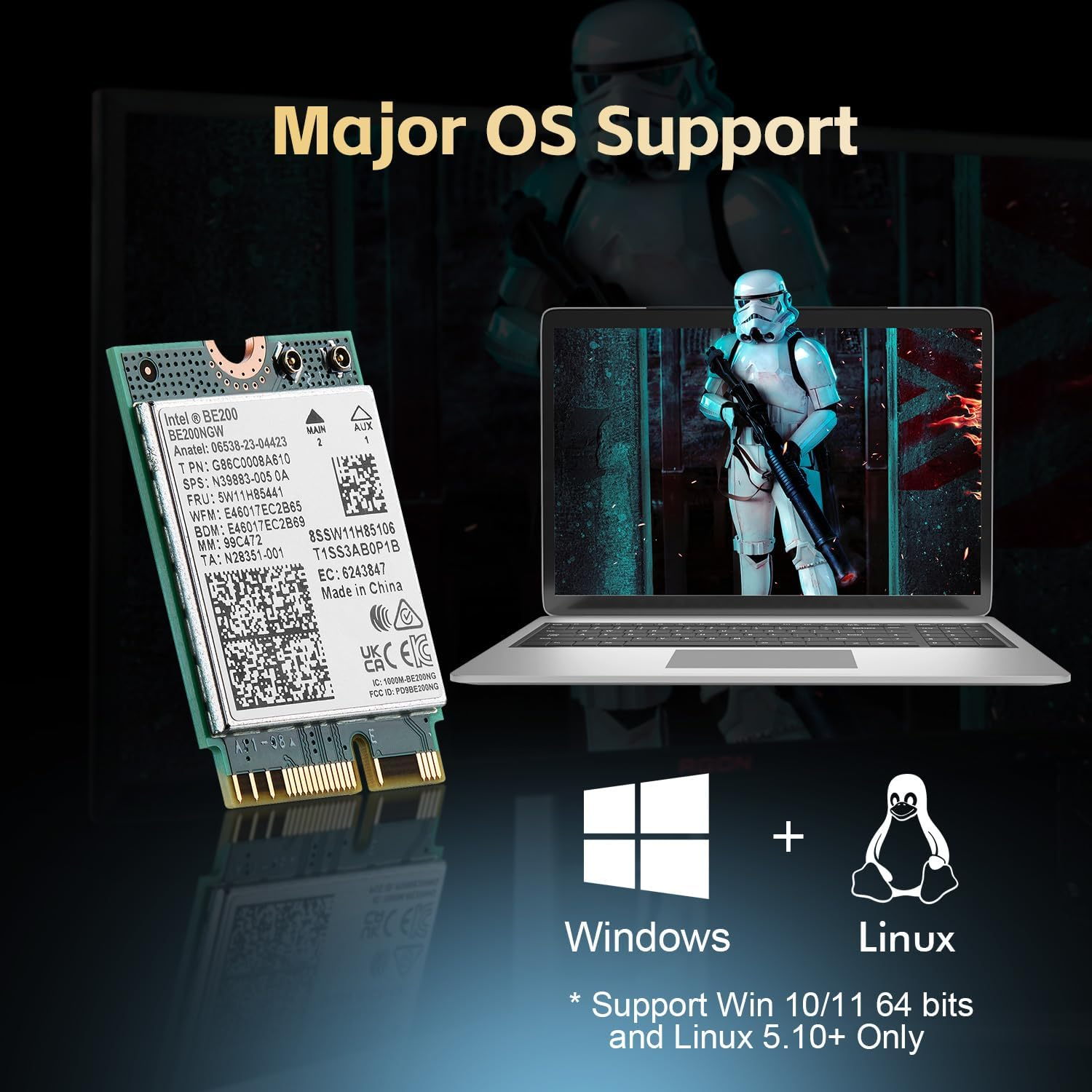 Wifi7 Card M.2 BE200 Wifi Network Adapter, Intel BE200NGW Chip Bluetooth 5.4, 8774Mbps Tri-Band 2.4Ghz/5Ghz/6Ghz OFDMA & MU-MIMO, for Laptop Windows 10/11 image number 2