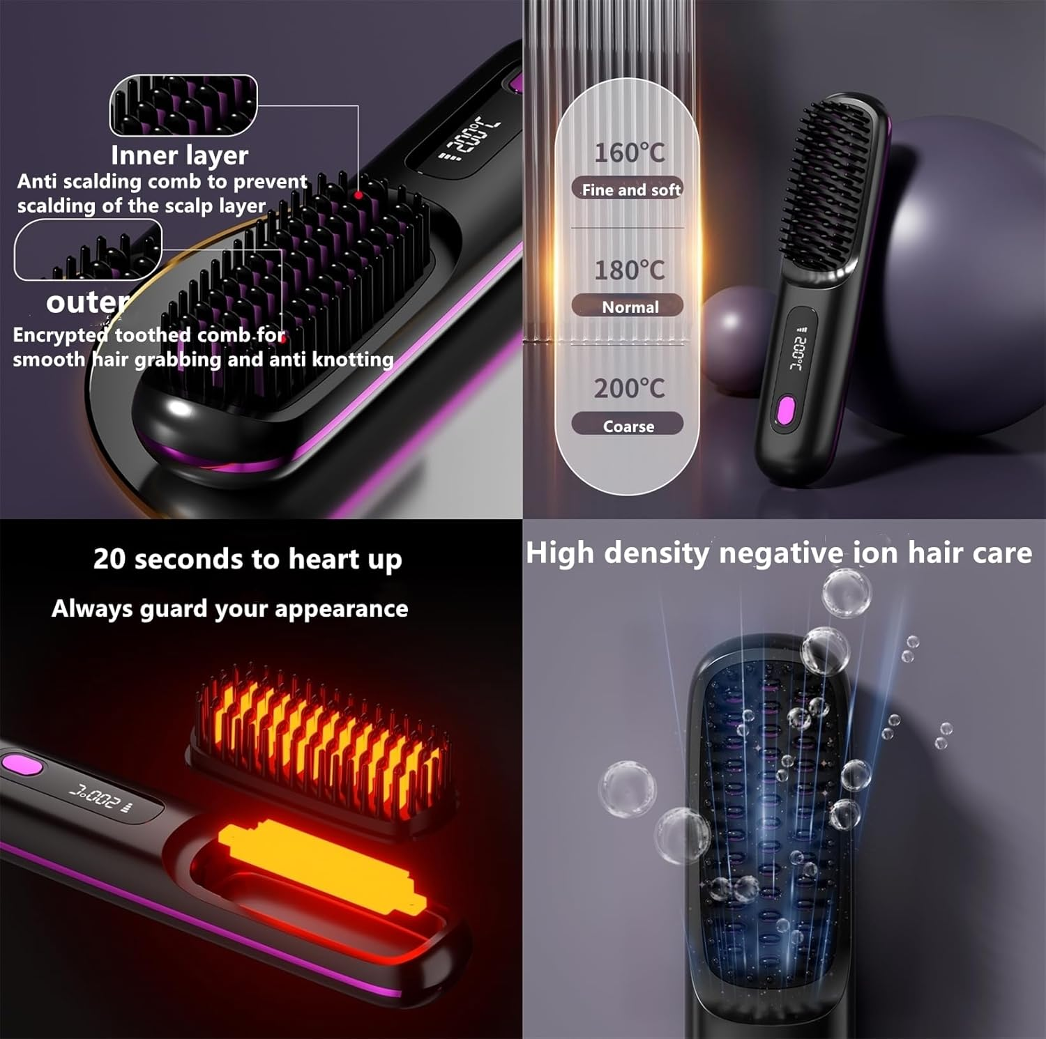 Portable Hair Straightener Brush, Cordless Electric Hair Straightening Comb with Negative Ions, MCH Ceramic Even Heating Fast Heating Electric LCD Hot Comb (White) image number 3