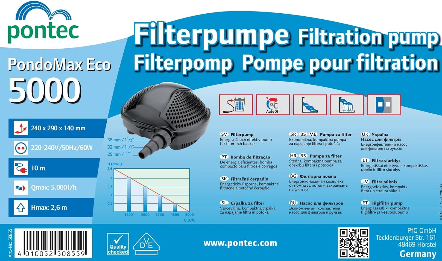Pontec 50855 Pondomax Eco 5000 Filter and Stream Pump/Energy-Efficient Pump (60 W) for Streams/For Filter Feed, Black image number 5