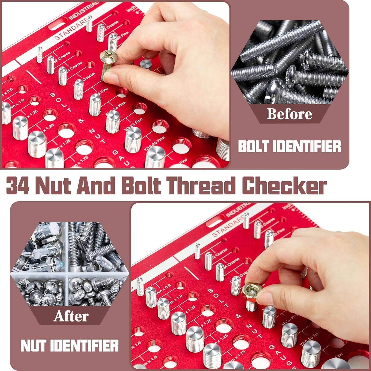 34 Nut and Bolt Thread Checker, Bolt and Nut Identifier Gauge Thread Checker Standard and Metric Board Wall Mount Screw Size and Thread Gauge Square