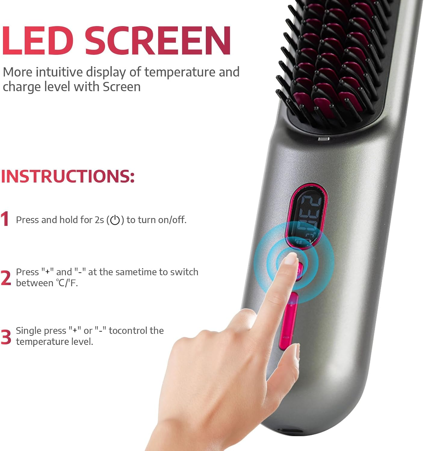 Top G Hair Straightener Brush Cordless Negative Ion Hot Comb Hair Straightener for Travel Upgraded 9600MAH USB Rechargeable Portable Mini Straightening Brush for Women(Grey) image number 4