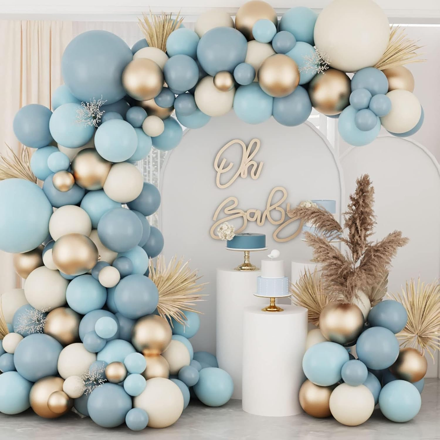 Eampoy Dusty Blue Balloons Garland Kit, 134Pcs Blue Sand White Metallic Gold Latex Balloons, for Boy Baby Shower Bridal Shower Wedding Anniversary Birthday Party Decorations Supplies image number 4