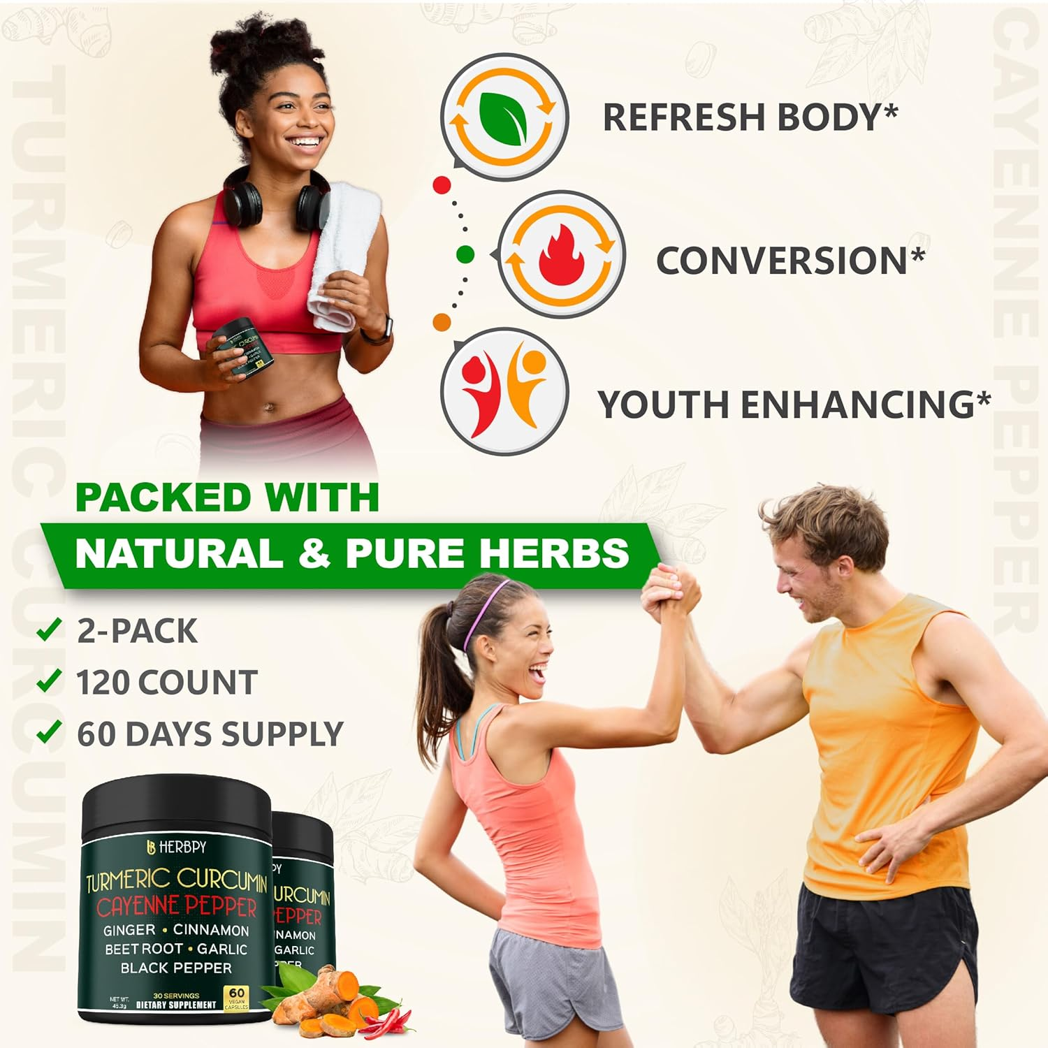 Herbpy 7In1 Turmeric and Cayenne Pepper Supplement - Digestion, Immune, Brain & Heart Health Support with Ceylon, Ginger, Garlic, Beetroot 2Pack60