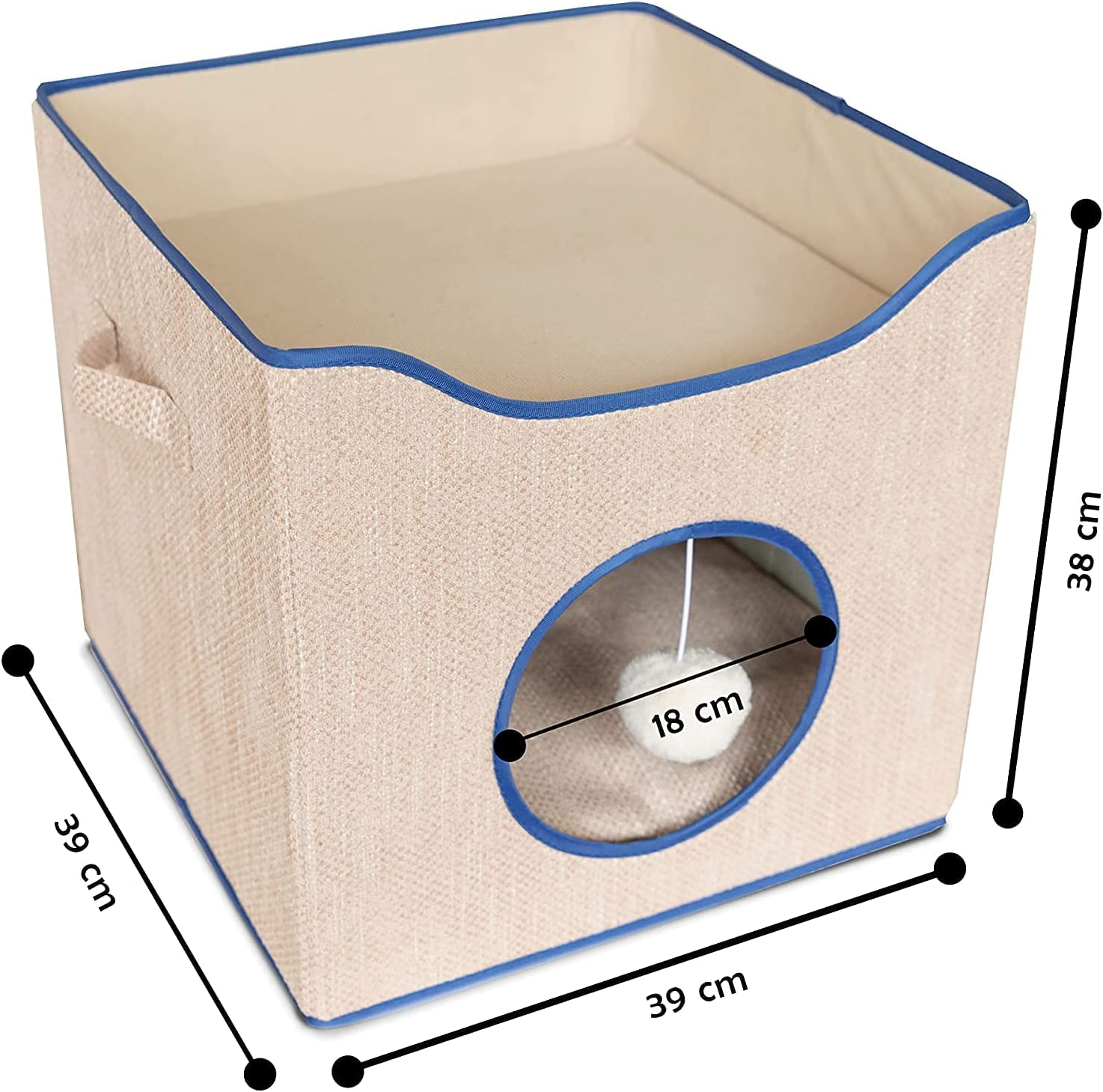 Cat Cube Pet Bed Indoor House for Cats Small Dogs Flatpack Easy to Assemble Has a Dark Blue Trim 2 Soft Toys Included a Mouse and Ball from Paton Pets Australia image number 5