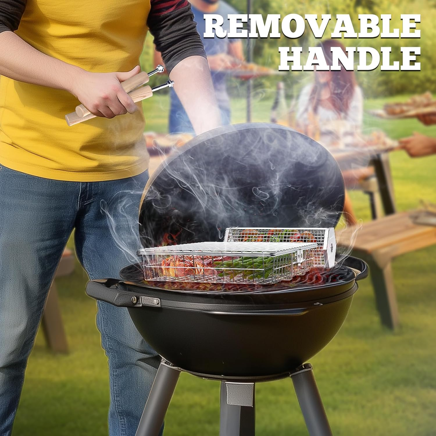 Nesting Grill Baskets (1 + 1), Removable Wooden Handle, 304 Stainless Steel, Rolling Grilling Net, BBQ Accessories Tools for Vegetables Shrimp, Gifts for Men Dad Husband - 2 Hexagonal image number 6