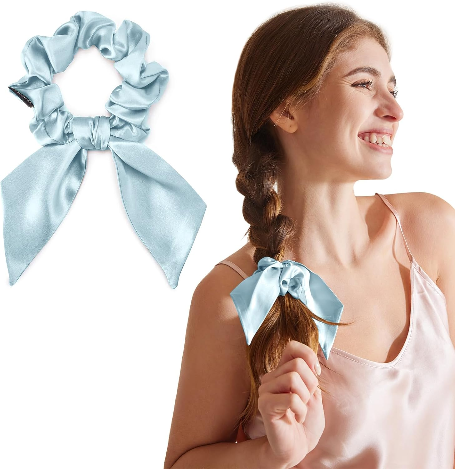 THXSILK Hair Silk Scrunchies with Bow for Women Pure Mulberry Silk Hair Cute Kitsch Scrunchies for Girls Women'S Thick Hair Grey