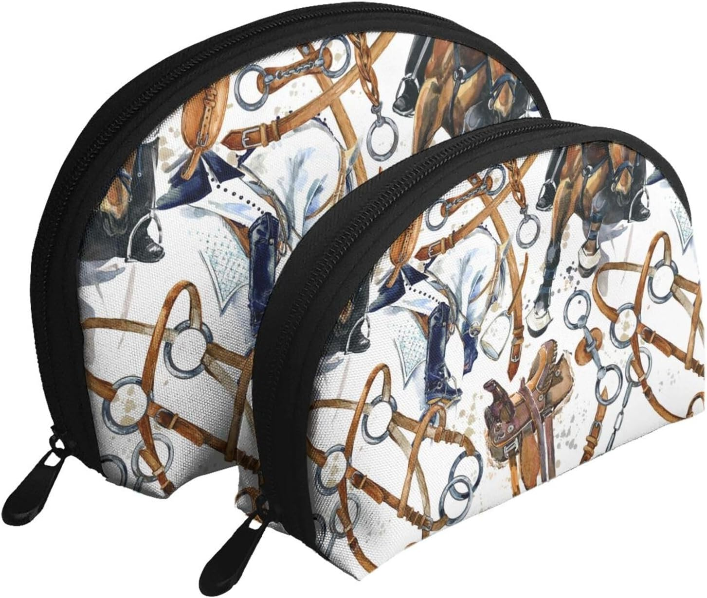 Cozimangoe Coin Pouch Makeup Bags Set, 2 Piece Shell Shape Cosmetic Bag with Pockets for Daily Travel Handbag Lipstick Keys Toiletry, Personalized Horse Racing Harness Horse