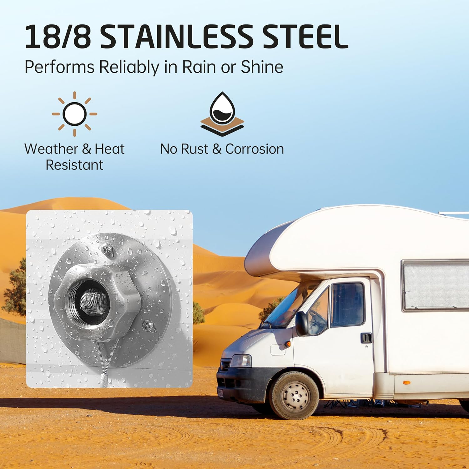 18/8 Stainless Steel RV Water Inlet with Upgraded Check Valve, KES All Metal RV City Water Inlet Replacement, Leak Resistant Design for RV, Camper, Trailer, Marine, Brushed Finished, RWI200-BS image number 2