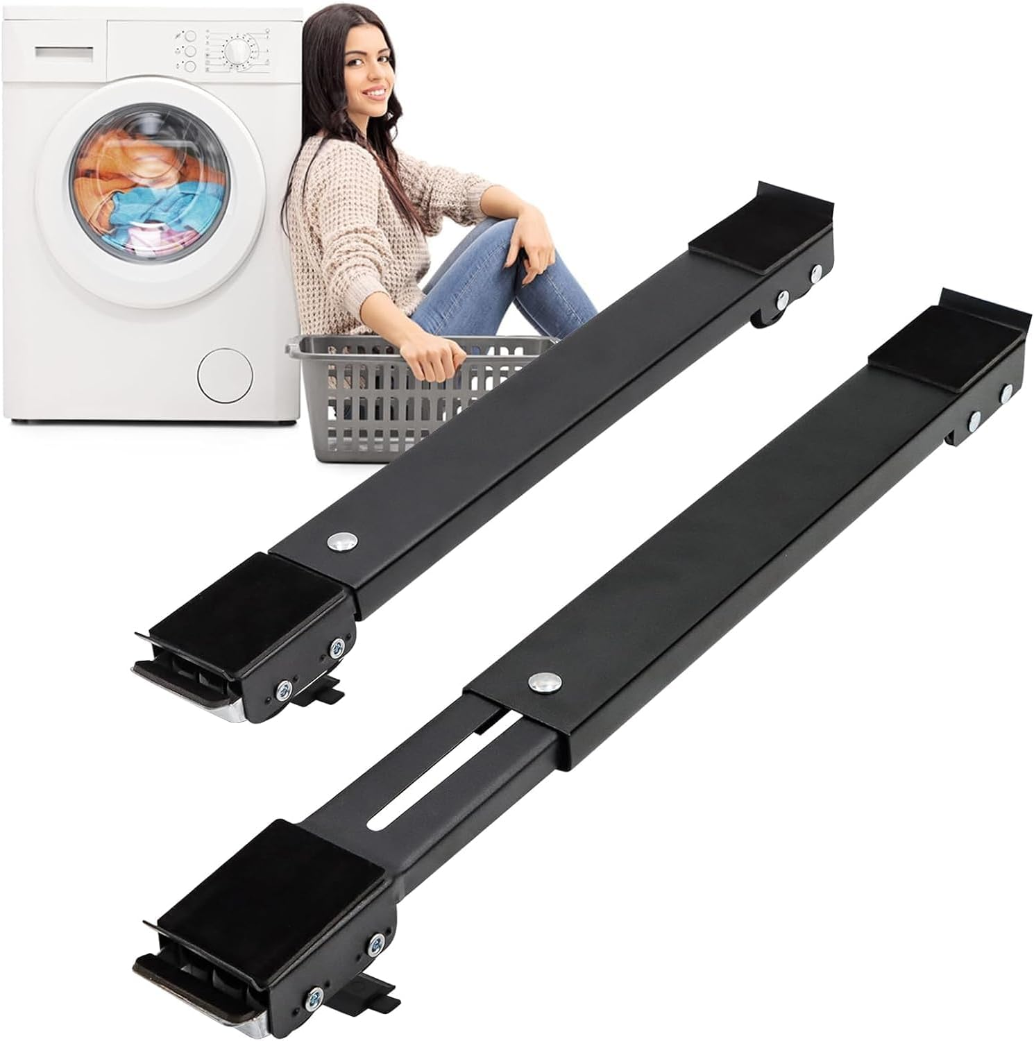 Extendable Furniture Appliances Rollers, Mover Tools with 24 Roller & Brake Equipment for Heavy Washing Dryer Machine Refrigerator for Mobile Wheels Strong Base Stand Hold up to 660 Lb (Black)