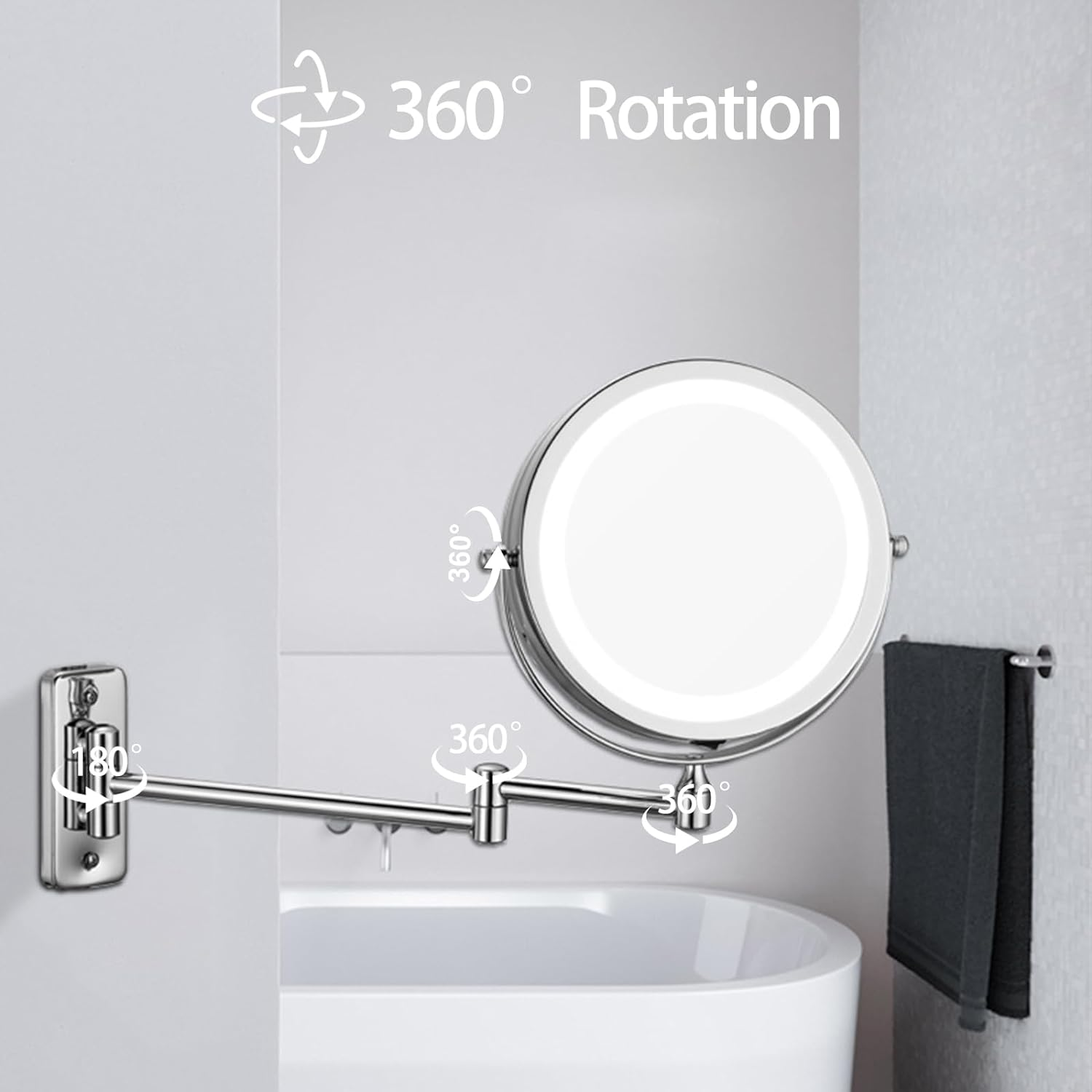 Wall Mounted Lighted Makeup Mirror, Double Sided Vanity Mirror with 1X 10X Magnifying Bathroom Mirror, 3 Color Lighting, Touch Screen Dimming, Extended Arm 360 Rotation Shaving Light up Mirror image number 1