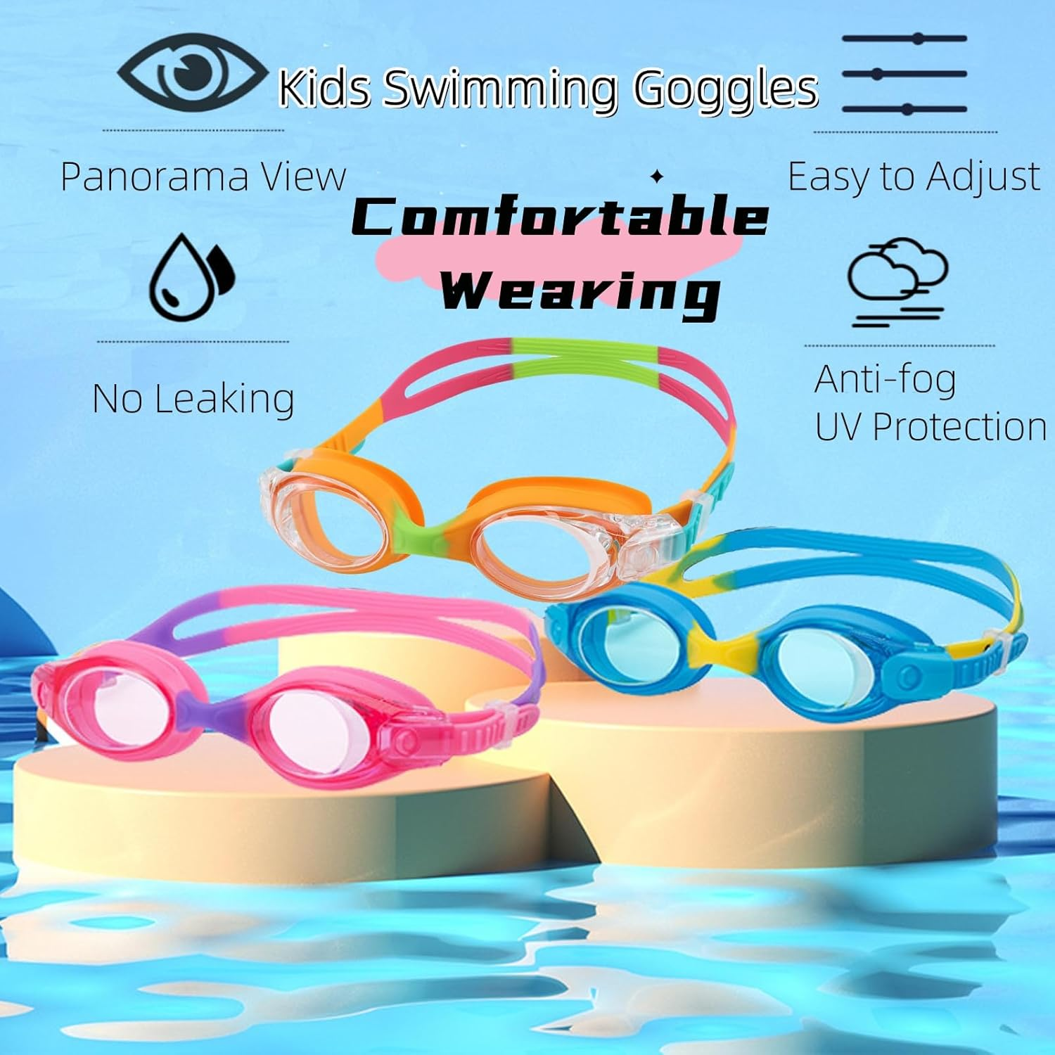 Kids Swimming Goggles anti Fog Kids-Goggles No Leaking Water Pool Goggles,Adjustable Toddler Swim Goggles with UV Protection,Clear Vision Swimming Goggles for Boys Girls Youth Kids - Blue image number 3