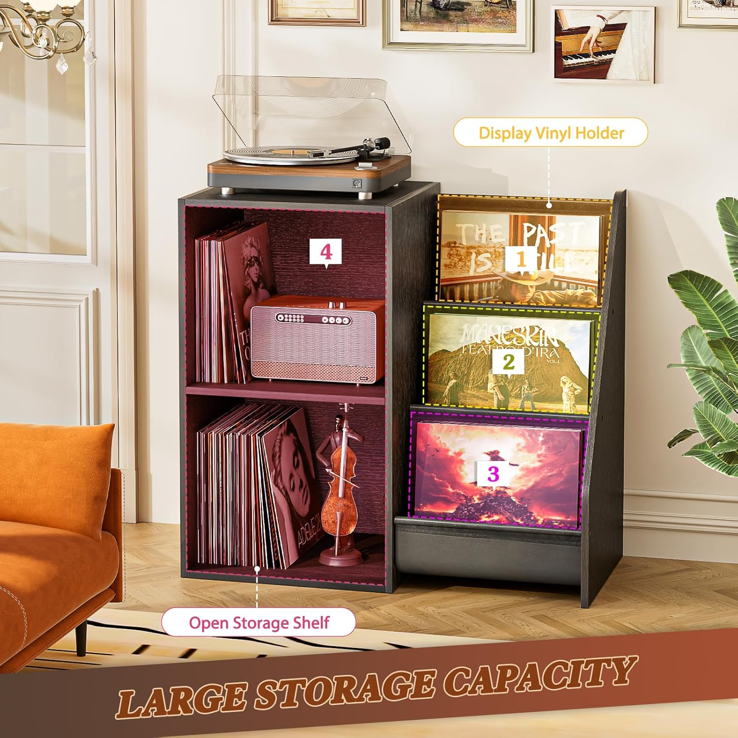 Record Player Stand,Turntable Stand with Vinyl Record Storage,Record Player Table with Vinyl Display Holder Shelf,Record Player Cabinet with 220 Albums Organizer,Media Console Cabinet for Stereo Audio image number 4