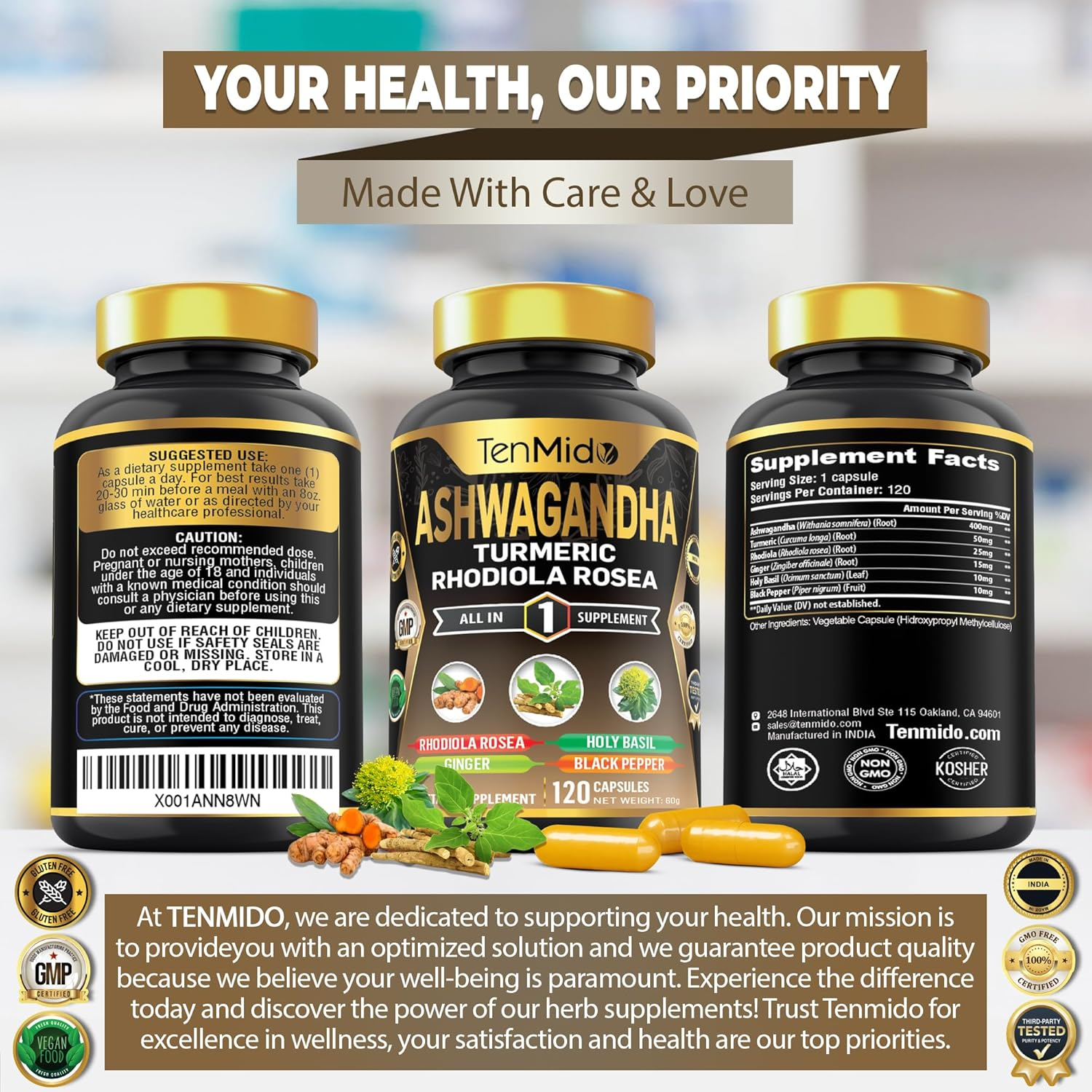Tenmido Ashwagandha Supplements - 6In1 with Turmeric, Rhodiola, Ginger, Holy Basil & Black Pepper - 120 Vegan & Non-Gmo Capsules image number 3
