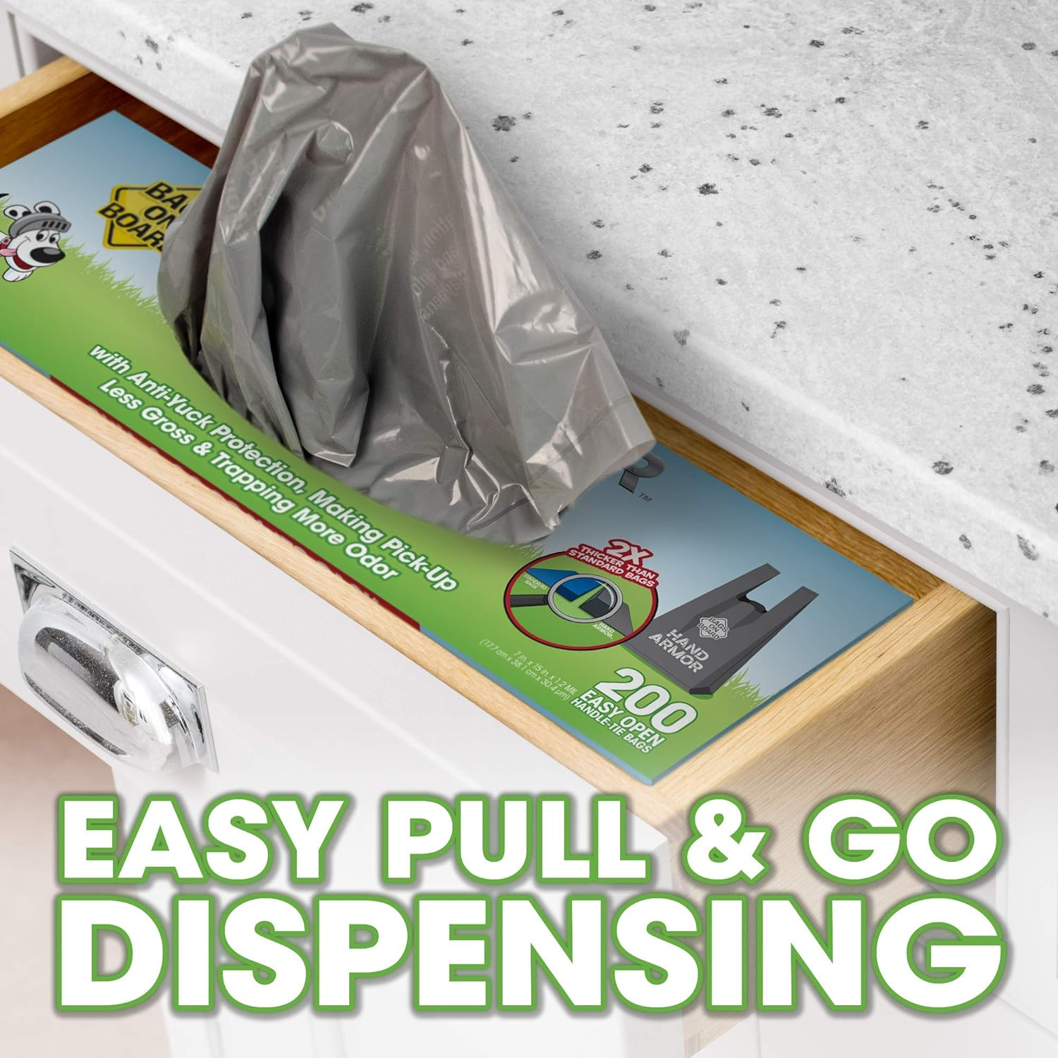 Bags on Board Dog Poop Bags | Extra Thick Waste Pickup Bags with Easy Tie Handles | Easy Dispensing Drawer Pack | 200 Count image number 2