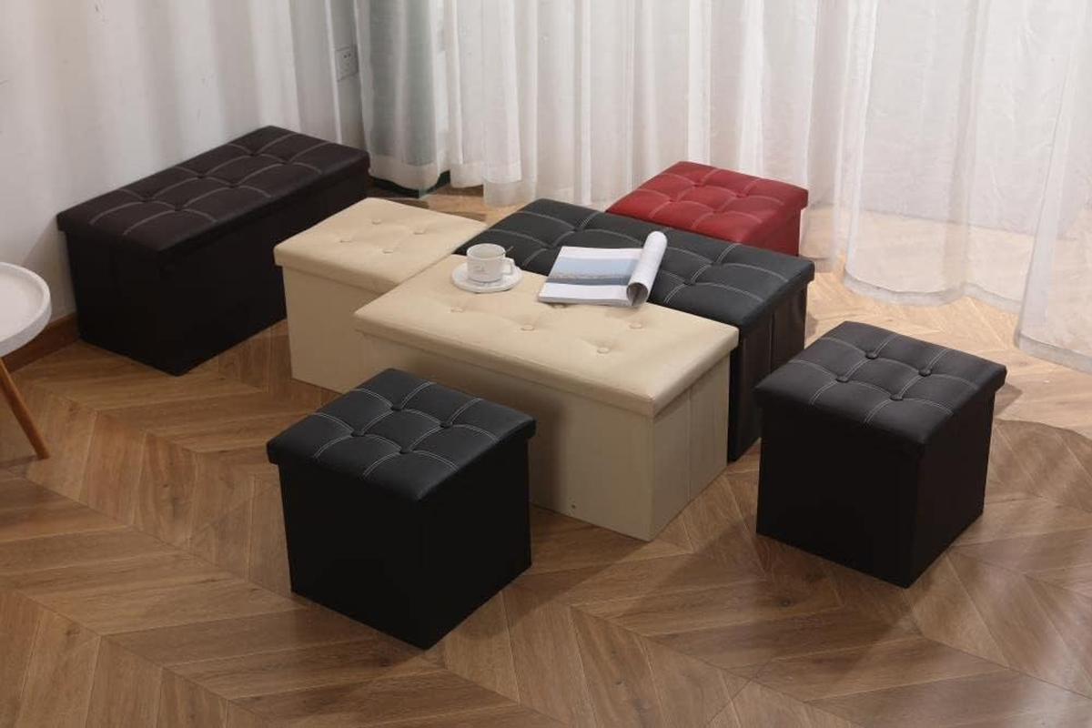 Folding Storage Bench Ottoman Storage Cube Boxes Footstool Stool Seat for Bedroom Hallway Small Faux Leather Footrest for Living Room, Bed Bench with Padded Seat Lid Square, Support 250Lbs,15In, Black