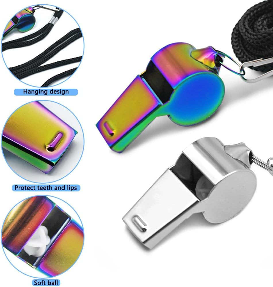 AFUNTA 4 PCS Whistle, Stainless Steel Coach Whistle with Lanyard, Loud Whistle for Emergency, Women, Refereeing, Footballing, Pet Training