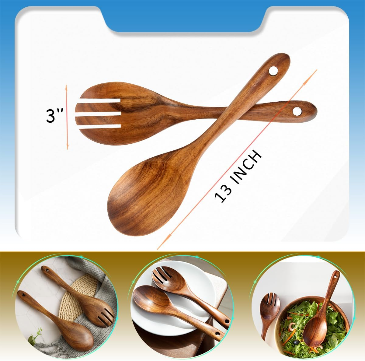 Set of 2 Large Salad Spoons, Wooden Spoons, 33 Cm / 13 Inch Salad Servers, Teak Wood Spoons, Serving Spoons, Salad Wooden Cutlery Long Handle image number 2