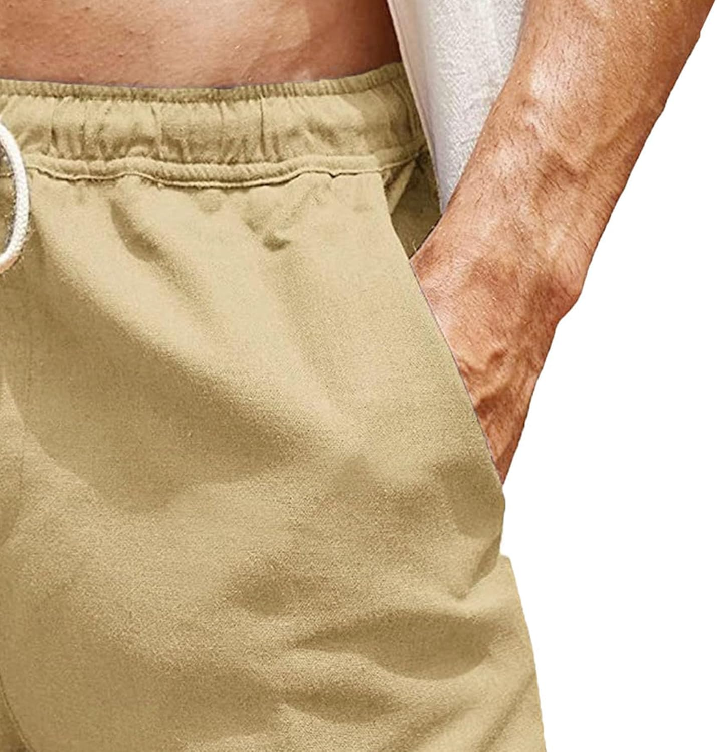 Jeshifangjiusu Mens Linen Casual Short with Trim Drawstring Stretch Summer Beach Shorts Elastic Waist Summer Outdoor Short (Khaki,Xx-Large)
