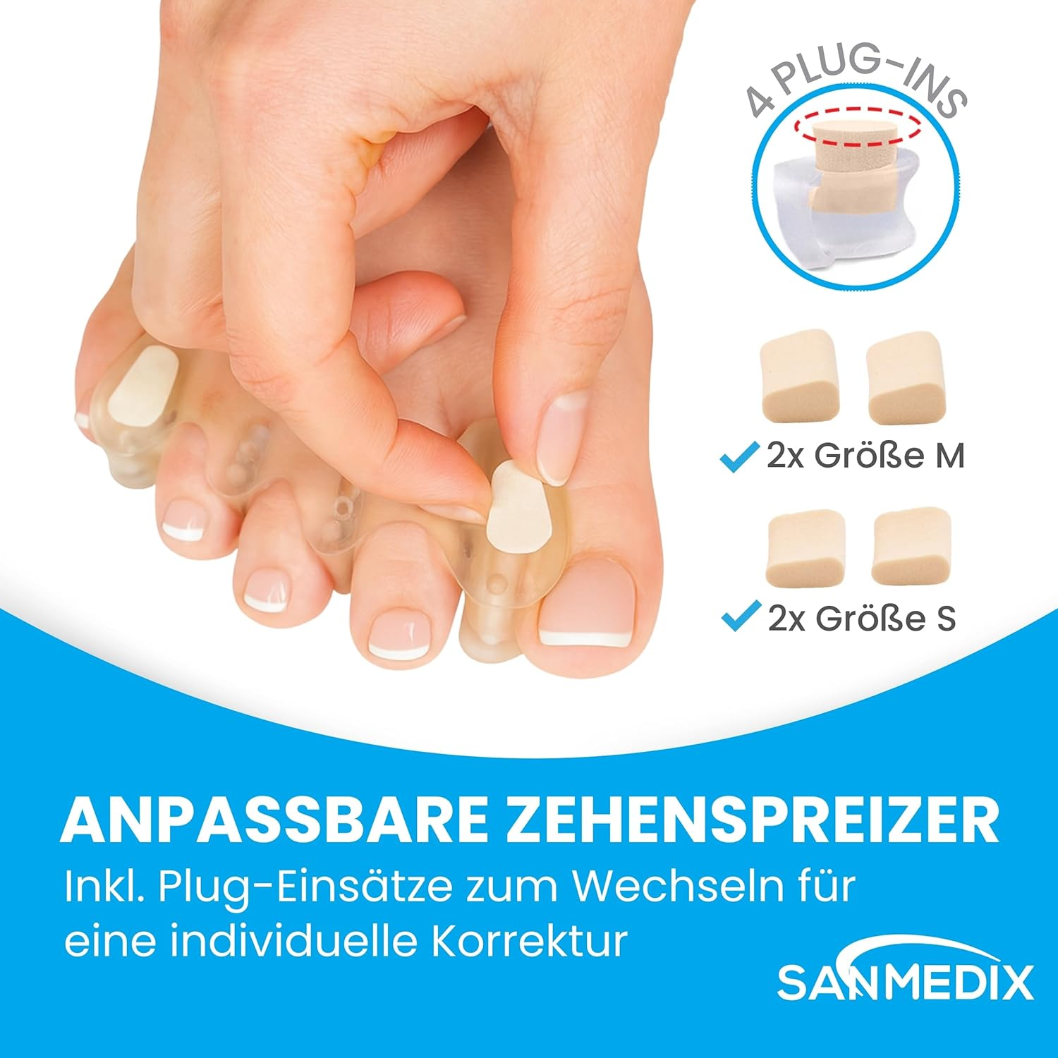 Sanmedix Toe Separators - 2 Pairs Toe Separators with Plug-In System for Hallux Valgus, Bunion & Toe Correction - Silicone Toe Spacer for Men and Women (Transparent, One Size) image number 6