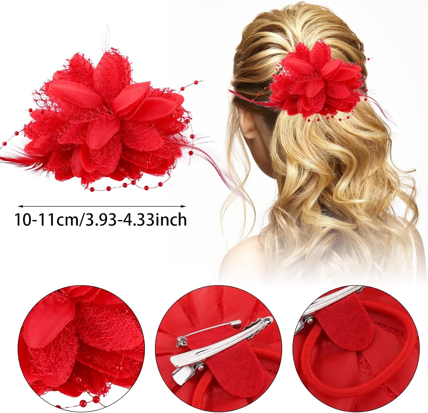 Sibba Flower Hats Clips Hairpin Barrettes Rose Hair Dress Valentines Mother'S Day Easter Headwear Headpiece Accessory Pin Floral Feather Women Girls Dresses for Travel Wedding Prom Party (Red) image number 2