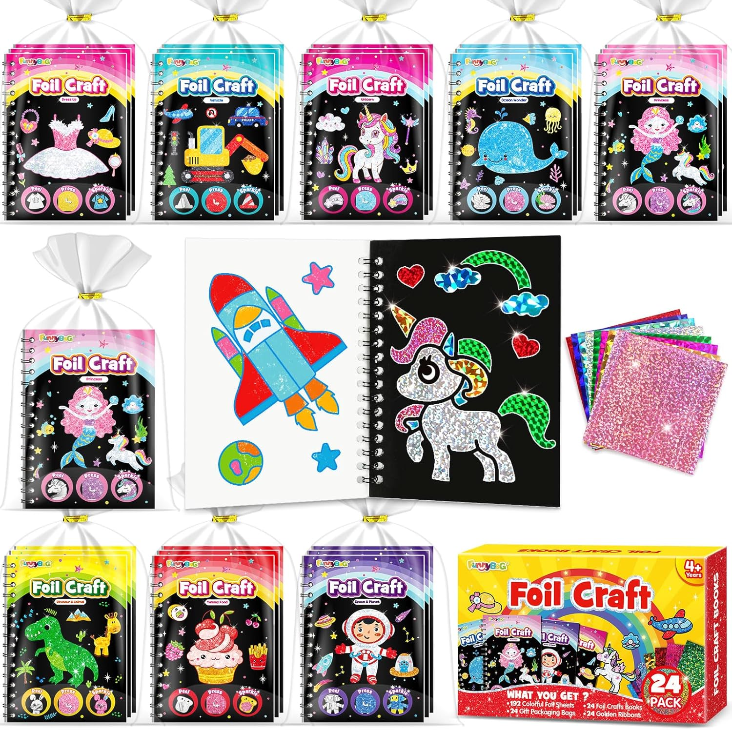 FUNNYB&G Foil Art Party Favors for Kids - 24 Pack Foil Art Goodie Bag Items Loot Bags Fillers, Kids Toys for Birthday Party Favors Classroom Prizes Return Gifts Bulk, Mini Coloring Books Crafts image number 3