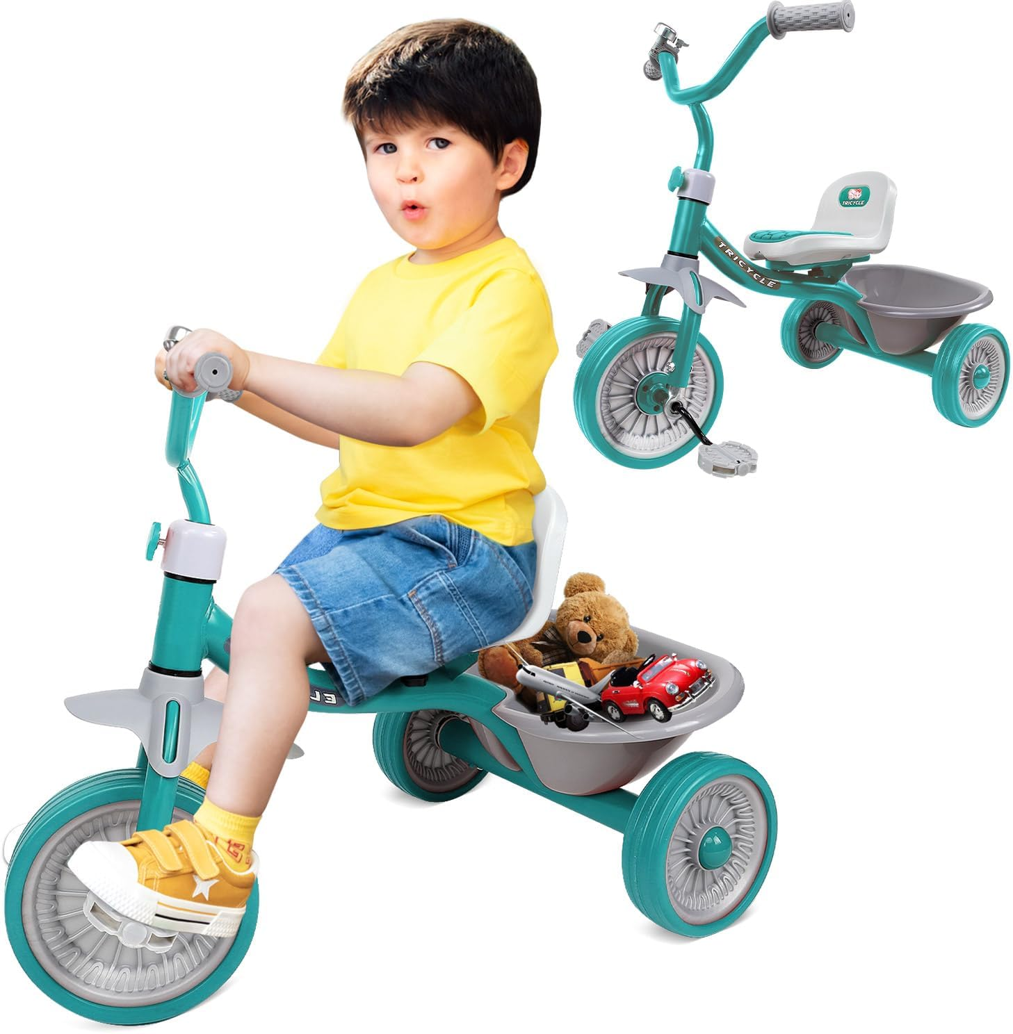 AUTOWT Kids Tricycles Age 2-4 Years, Toddler Kid Trike with EVA Wheels and Detachable Basket, Baby Balance Bike Ride-On Toys for Boys & Girls Birthday Gift Green image number 5