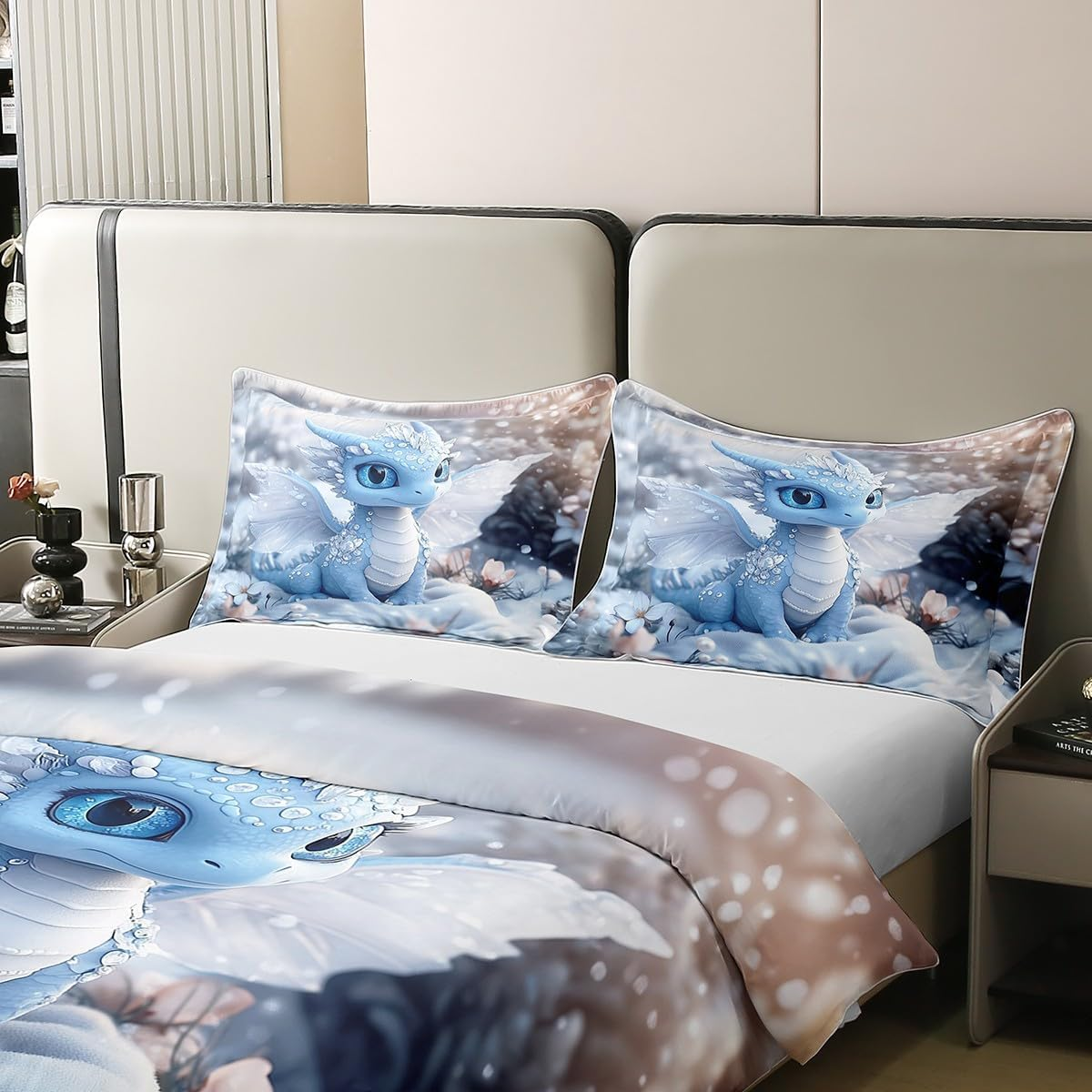 Homewish Dragon 100% Cotton Duvet Cover, Wild Safari Bed Linen Set, 155 X 220 Cm, for Children, Scale, Snow, Dew, Winter, Flowers, Dreamy Aesthetics, Blue, White, Comforter Cover, Breathable Bed Set - Pink image number 4