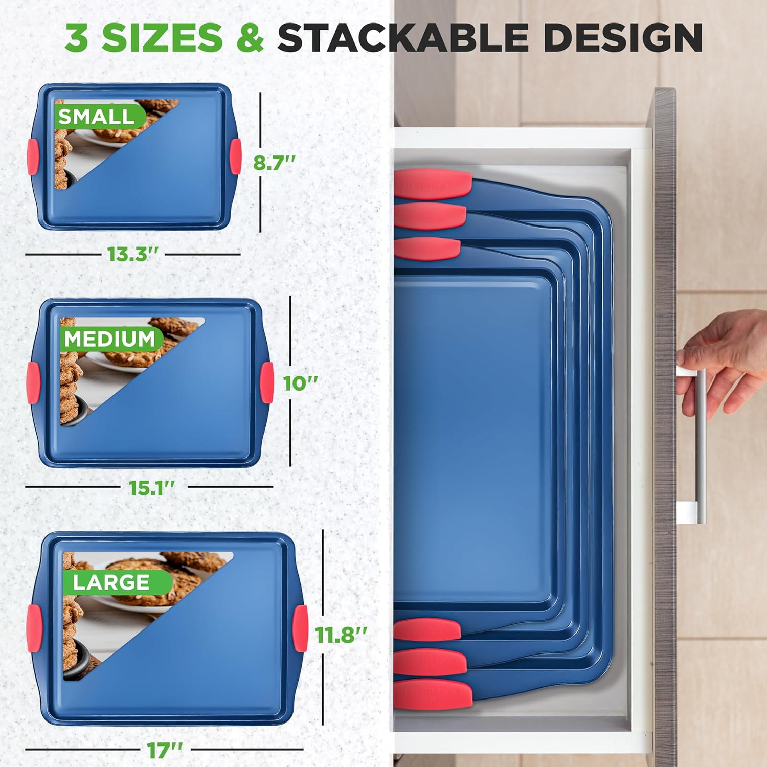 Nutrichef 3-Piece Nonstick Bakeware Set - PFOA, PFOS, Ptfe-Free Carbon Steel Baking Trays W/Heatsafe Red Silicone Handles, Oven Safe up to 450&deg;F, Small, Medium & Large Cookie Sheet Pans image number 2