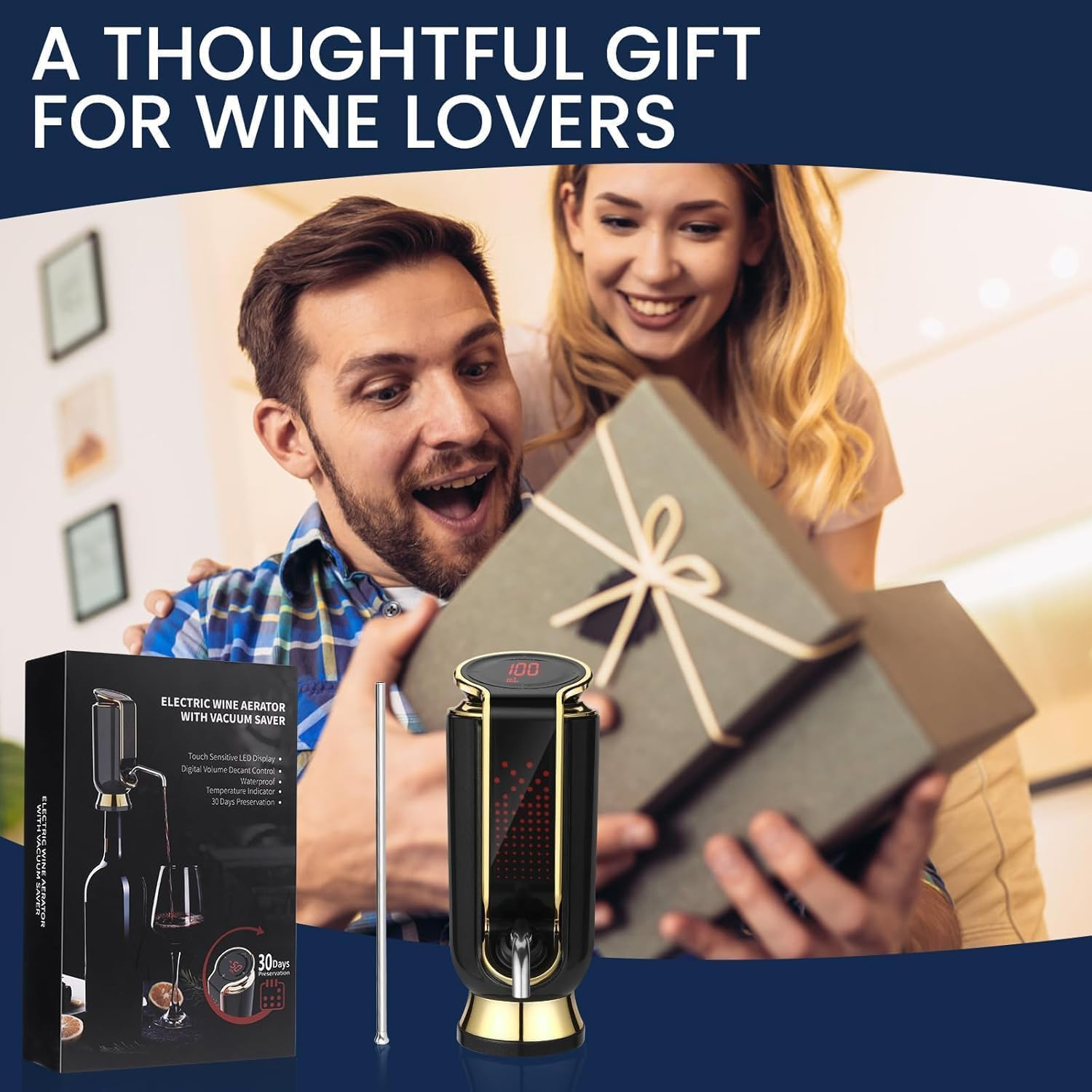 Oriver 4-In-1 Electric Wine Aerator & Dispenser with Rechargeable Battery, LED Display, Decanter, Vacuum Saver &ndash; Fast Pouring, Stainless Steel Design image number 3