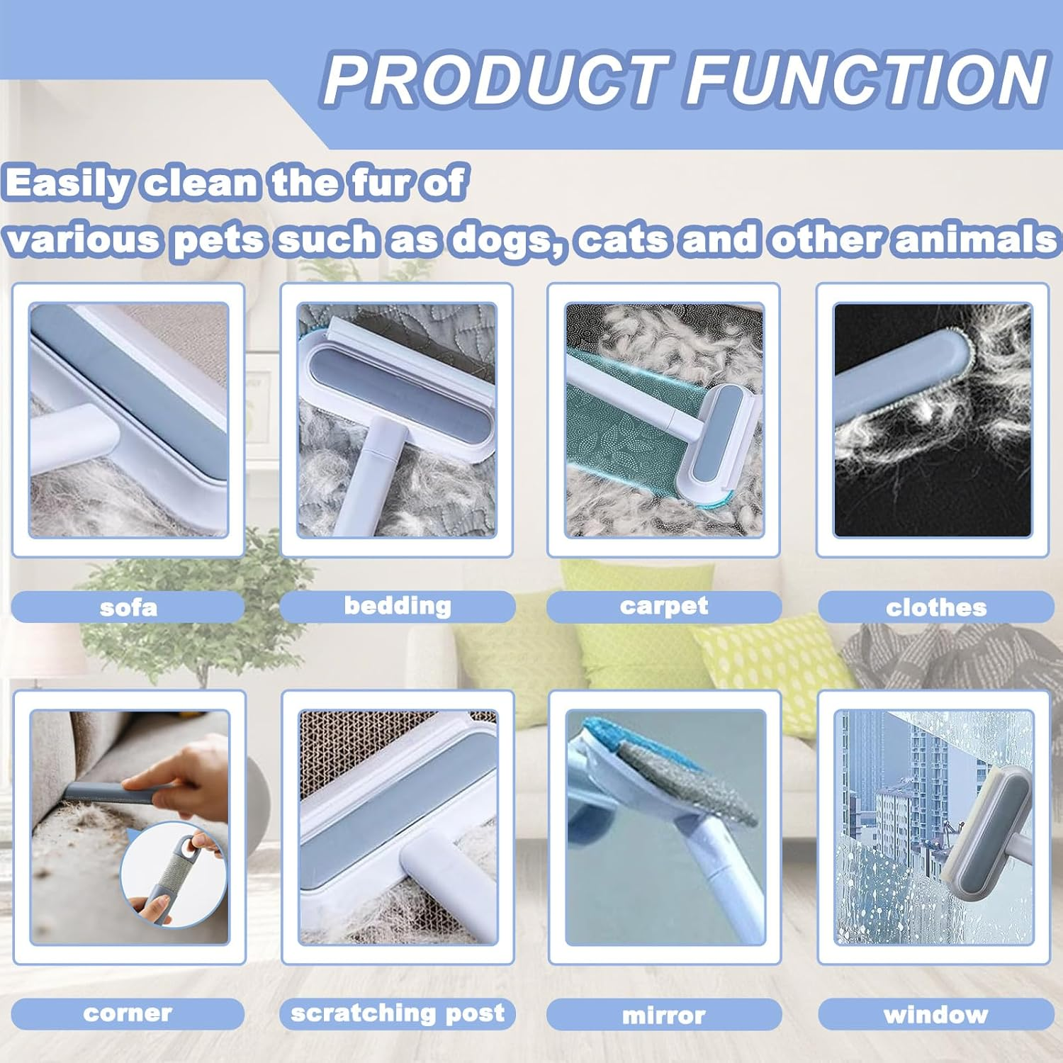 Pet Hair Remover 4 in 1 Reusable Pet Hair Removal Tool with Extended Handle for Carpet Furniture Car Glass Efficient Electrostatic Dog Cat Brush for Sofa Car Seat Carpet Cleaning image number 2