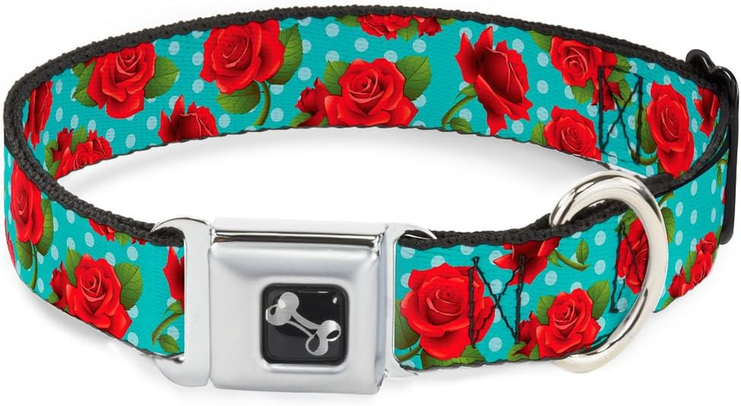 Buckle-Down Seatbelt Buckle Dog Collar - Red Roses/Polka Dots Turquoise - 1" Wide - Fits 11-17" Neck - Medium image number 2