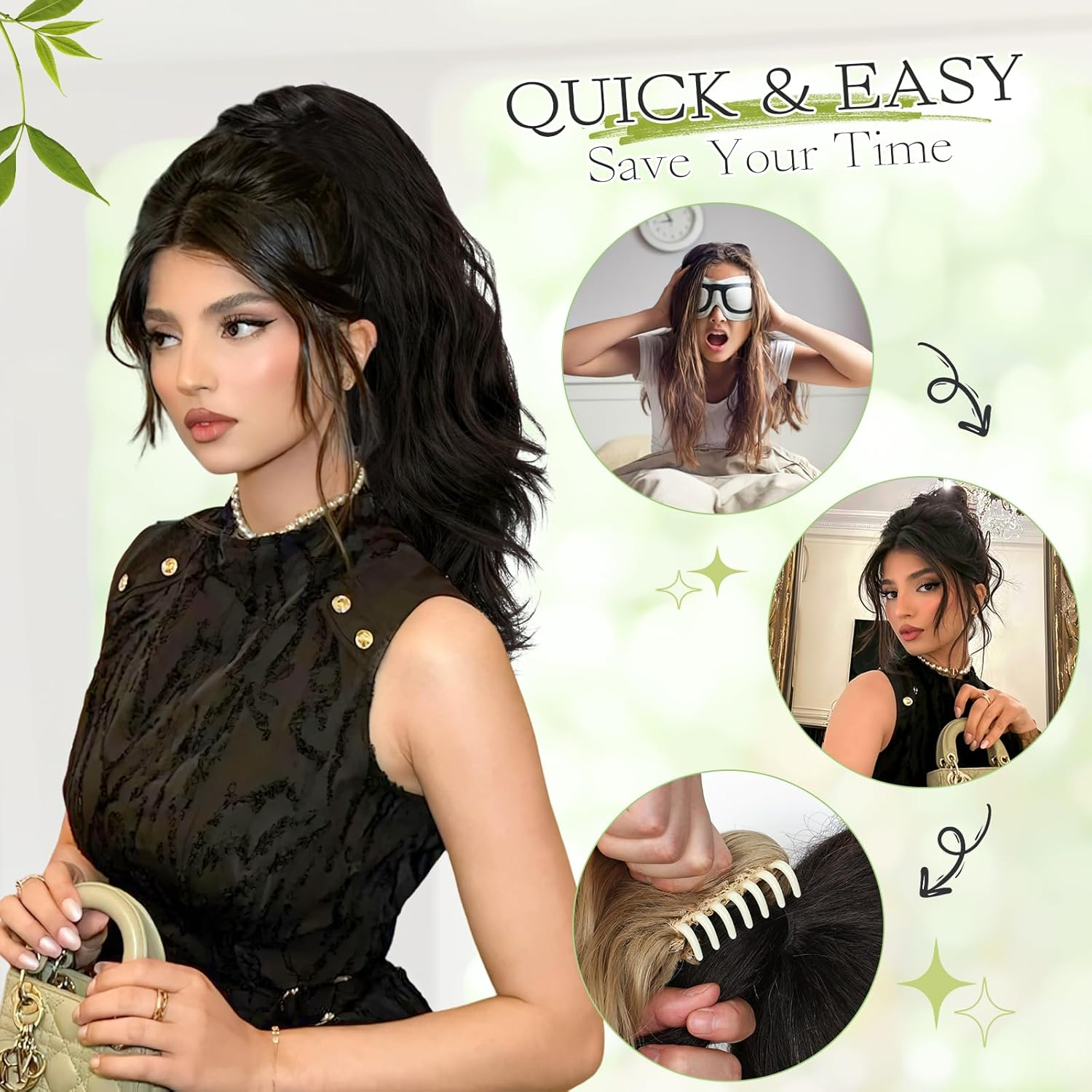 Ponytail Extension Claw 18" Natural-Looking Synthetic Wavy Long Pony Tails Hair Extensions Dark Black Clip-In Hairpiece for Women image number 5