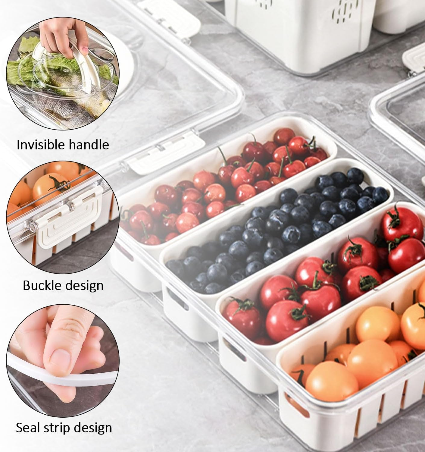 Divided Serving Tray with Lid and Handle, Storage Containers for Fridge, Snack Platters Organizer, Fruit Plate, Fresh -Keeping Box Is Suitable for Fruits, Vegetables, Refrigerators, Picnics (4 Grid) image number 3