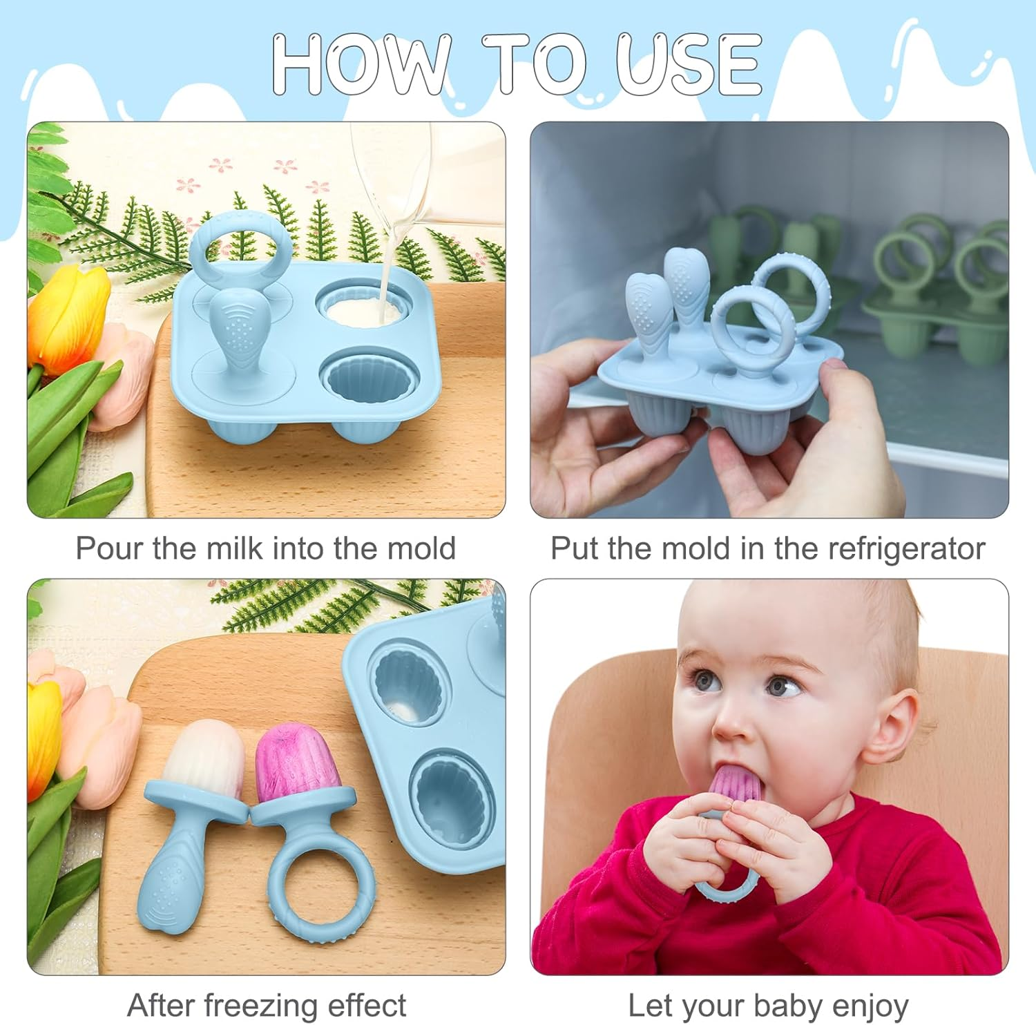 Silicone Popsicle Molds - Bpa-Free Ice Lolly Moulds for Kids & Adults, Reusable Freezer Treat Makers with 4 Sticks (Blue) - Perfect for Homemade Ice Pops, Yogurt & Juice Bars - 6Pink image number 6