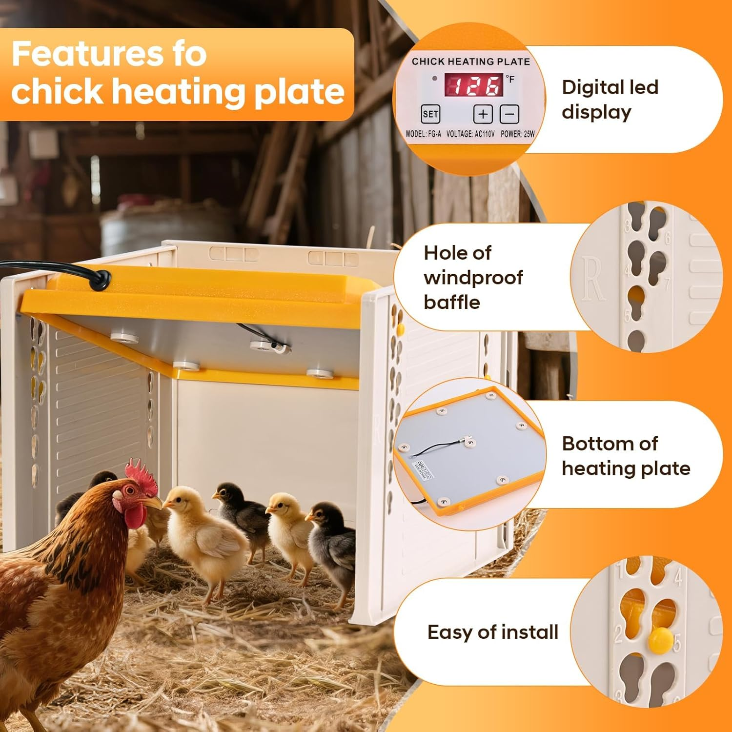 Adjustable Heat Plate with Temperature Control, 26.5 * 27.5Cm Chick Brooder Heater, Height & Angle Adjustable Heating Plate Warmer for Baby Chicken Coop, Ducks, Quails & Poultry