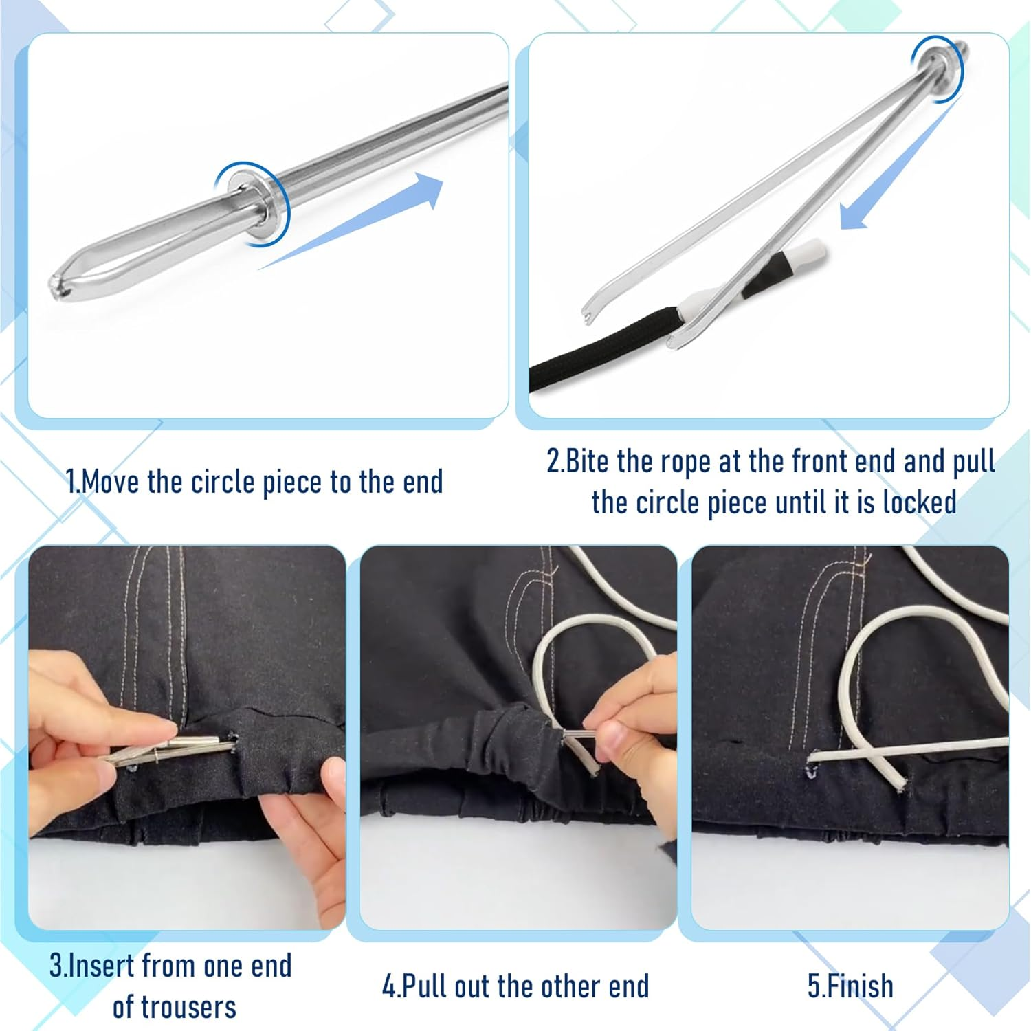 EKIND 2PCS 51 Inch Long Universal Drawstring Cords Replacement with 1PC Easy Threaders, Suitable for Sweatpants,Shorts,Hoodie String, Simple and Durable(Black + White Cord, round Metal Head) image number 4