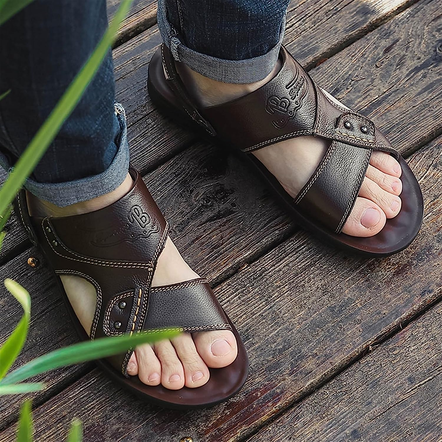 Men Leather Summer Sandals Casual Beach Shoes Leather Sandals Man Slippers Non-Slip Arch Support Adjustable (Color : Black, Size : 8) image number 3