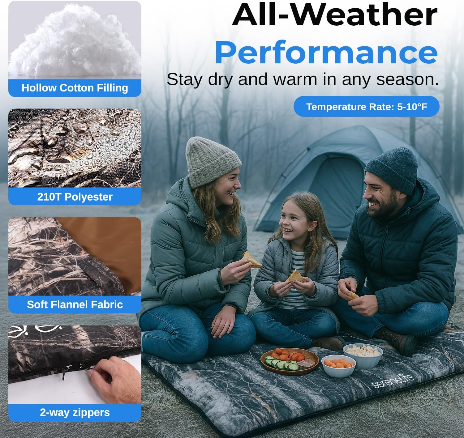 Backpacking Sleeping Bag Camping Gear - Double Sleeping Bag for Adults/Teens W/ 2 Pillows, Bag - Outdoor Lightweight Weather Proof Sleeping Bags - Camping, Hiking - Serenelife - Camouflage image number 4