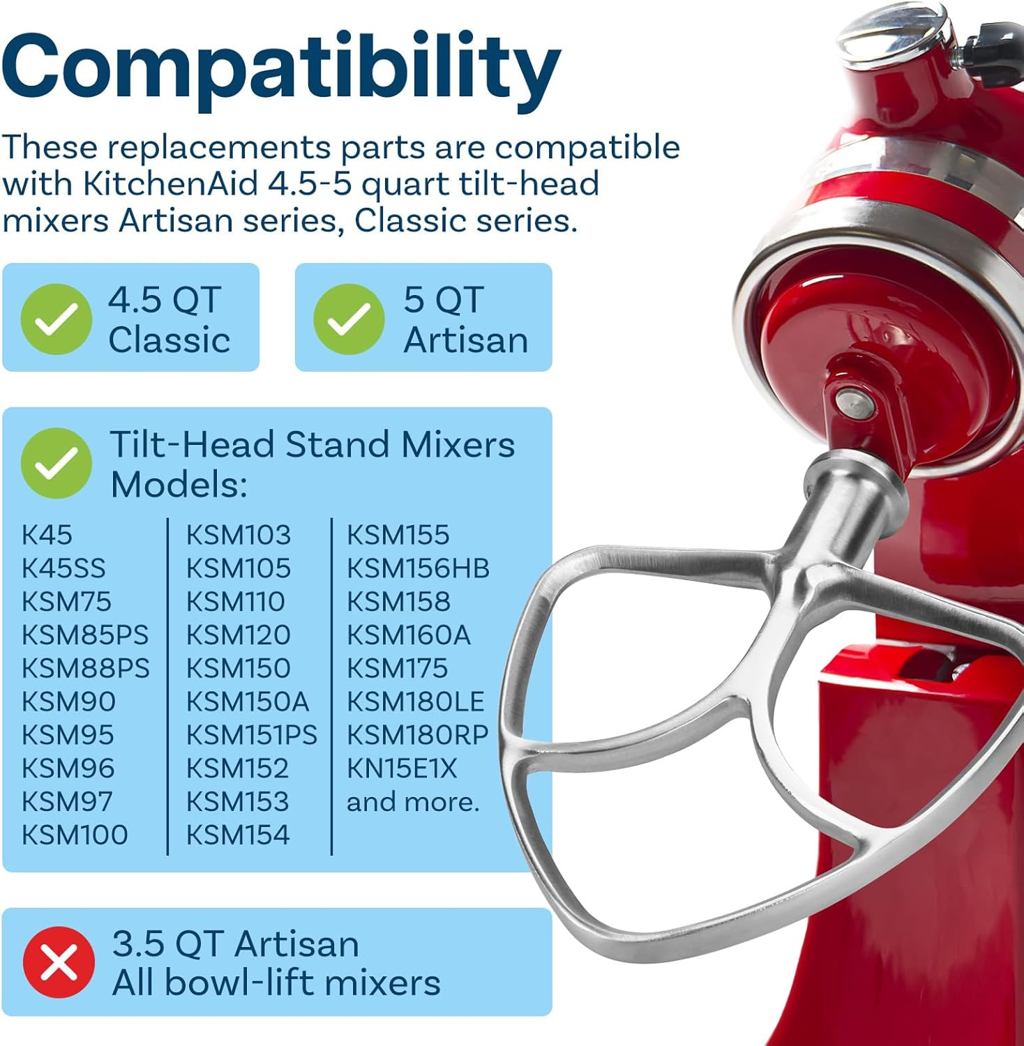 Stainless Steel 3 Piece Kit Attachments for Kitchenaid 4.5-5 Quart Tilt-Head Stand Mixers Artisan Series & Classic Series by MMOBIEL &ndash; K45 6-Wire Whip, Flat Beater and Dough Hook &ndash; Dishwasher Safe image number 6